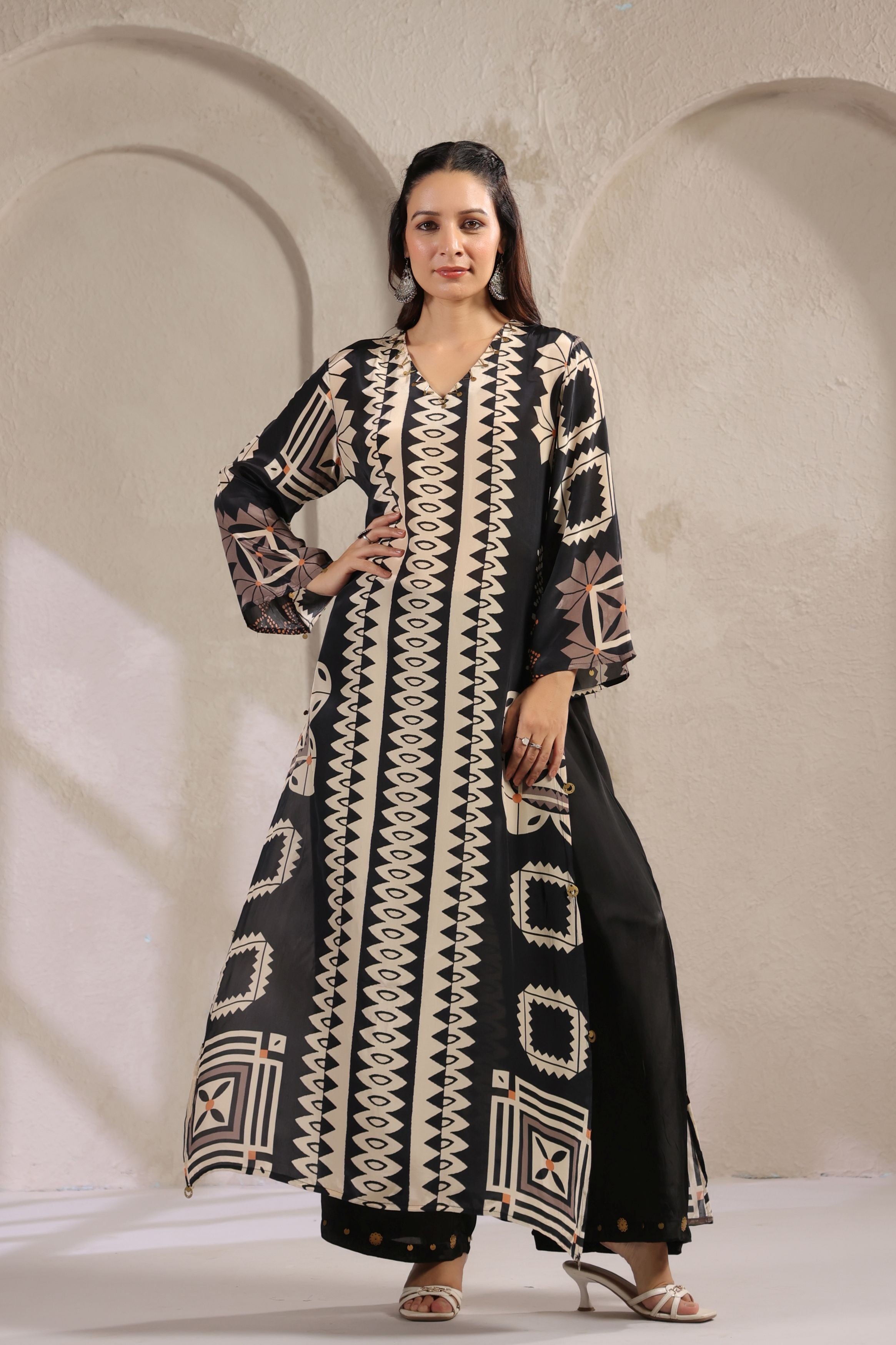 Classic Black Printed Italian Paper Silk Kurta Set