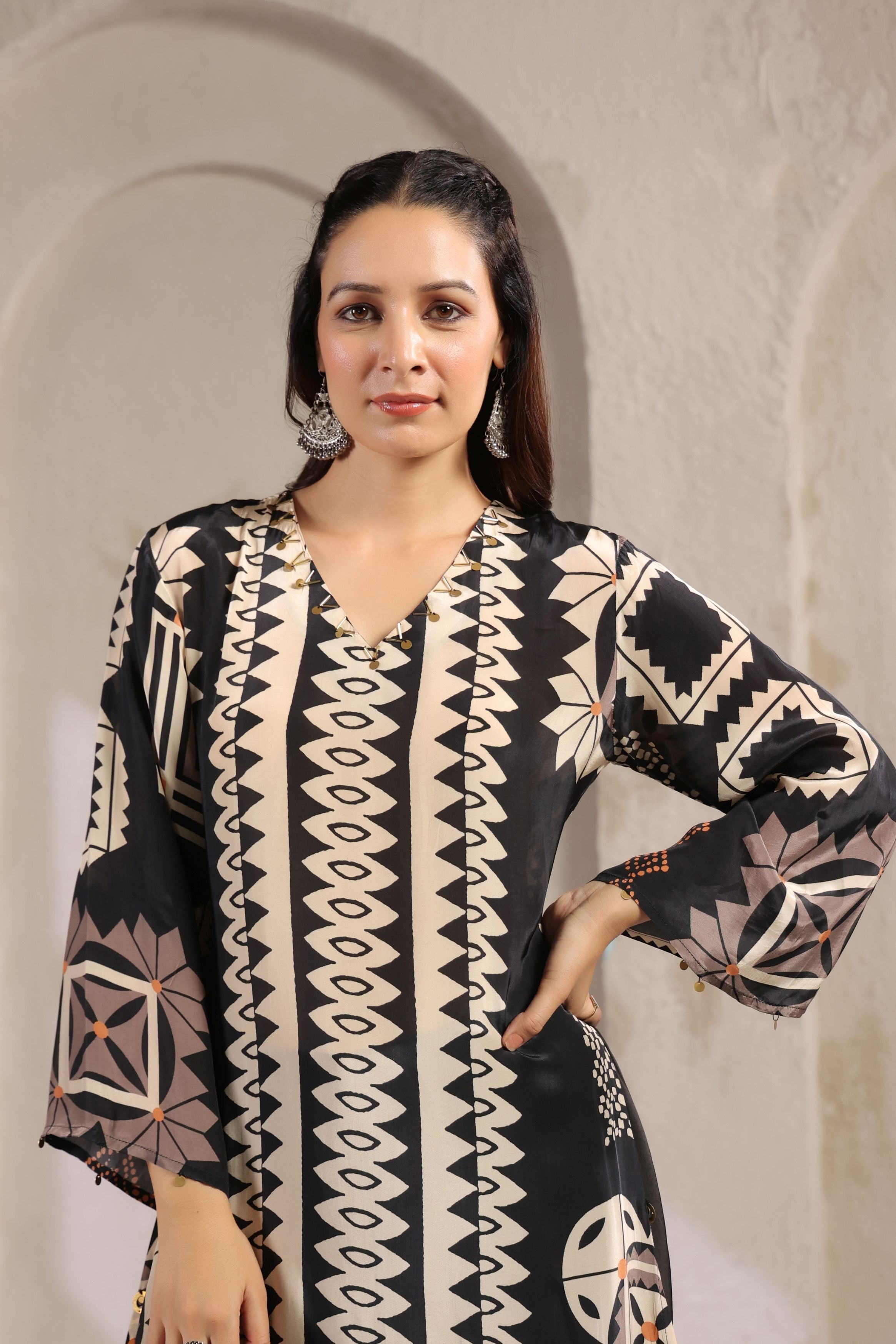 Classic Black Printed Italian Paper Silk Kurta Set