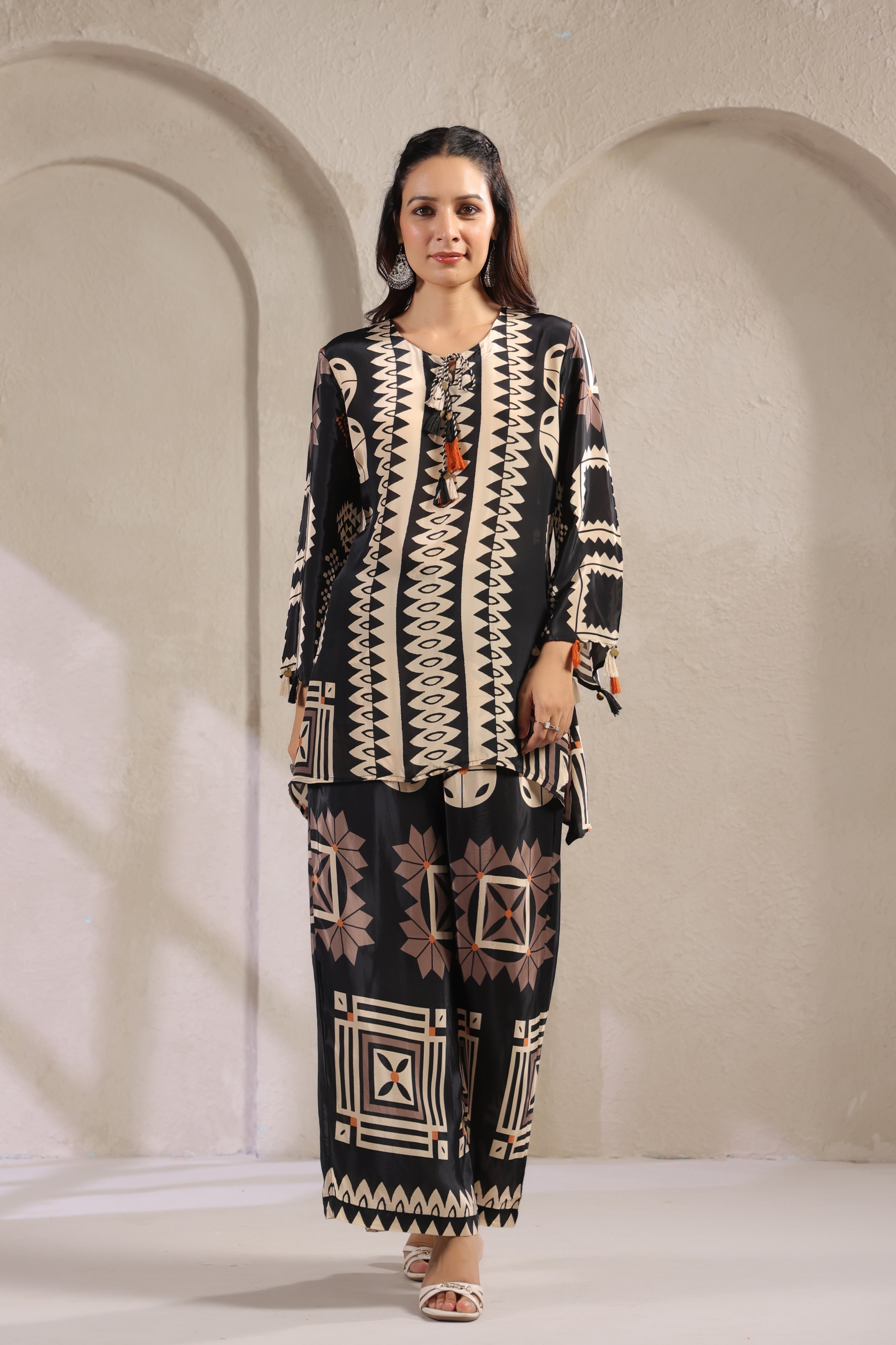 Black & Cream Printed Muslin Silk Co-Ord Set