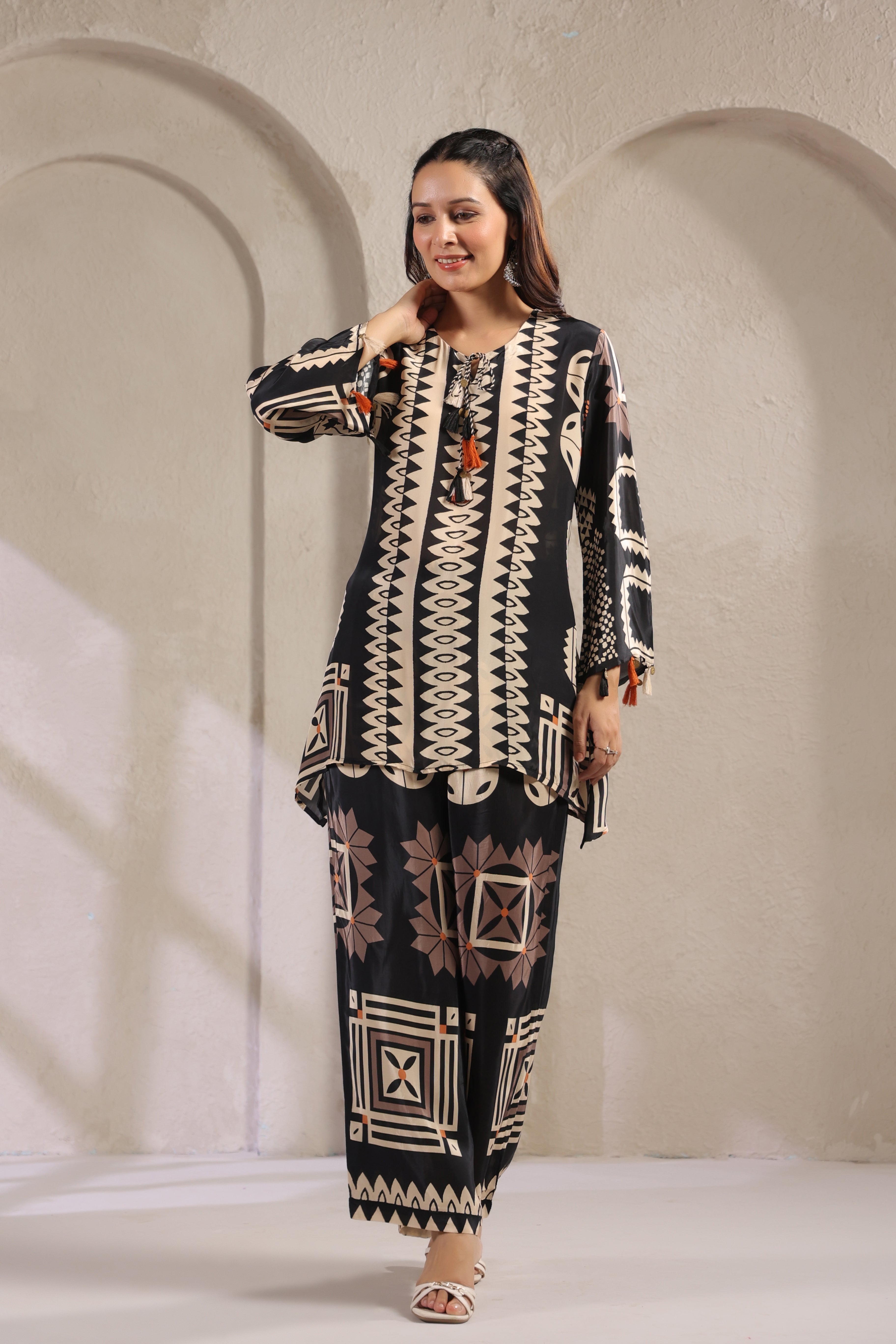 Black & Cream Printed Muslin Silk Co-Ord Set