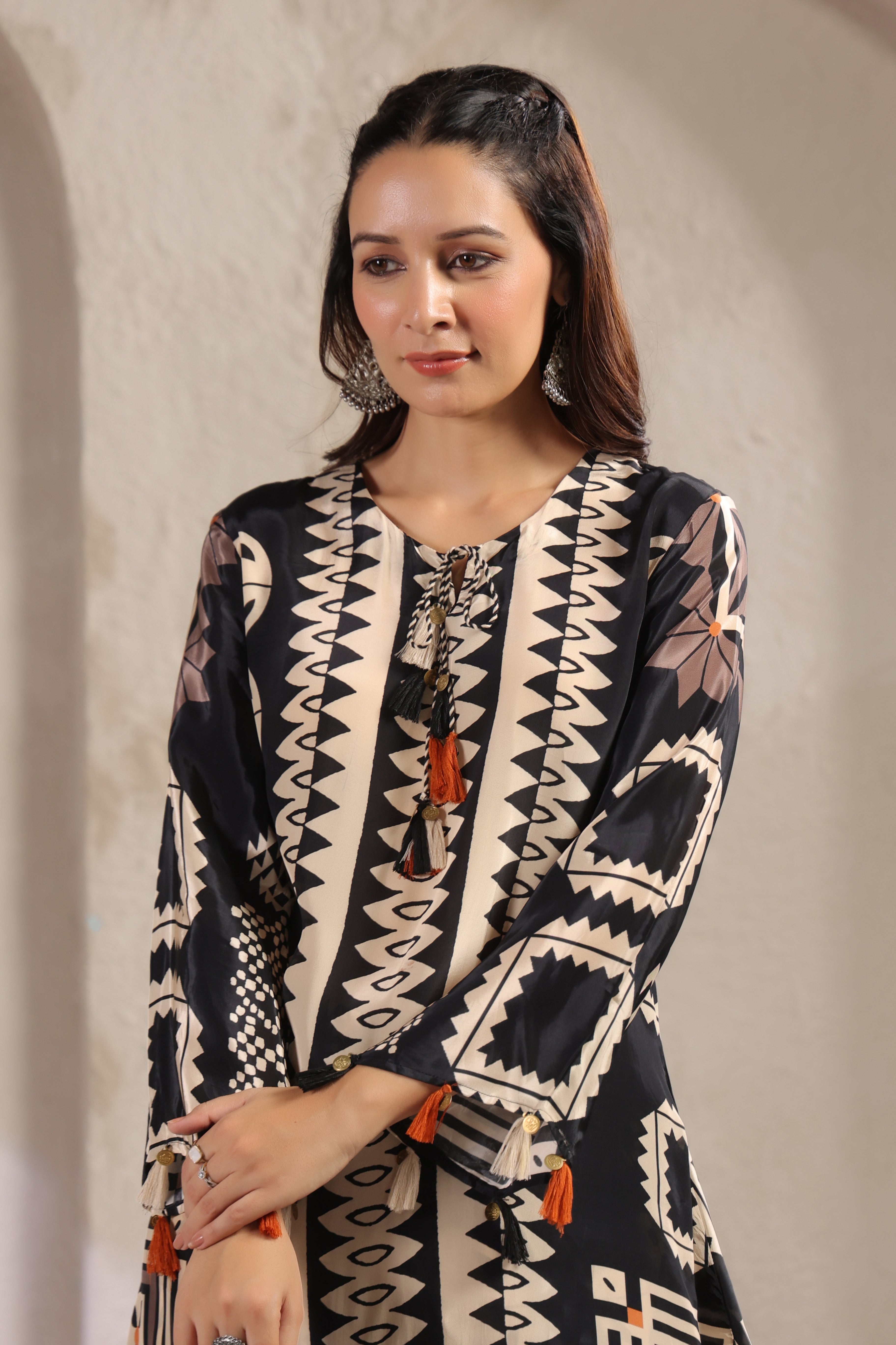 Black & Cream Printed Muslin Silk Co-Ord Set