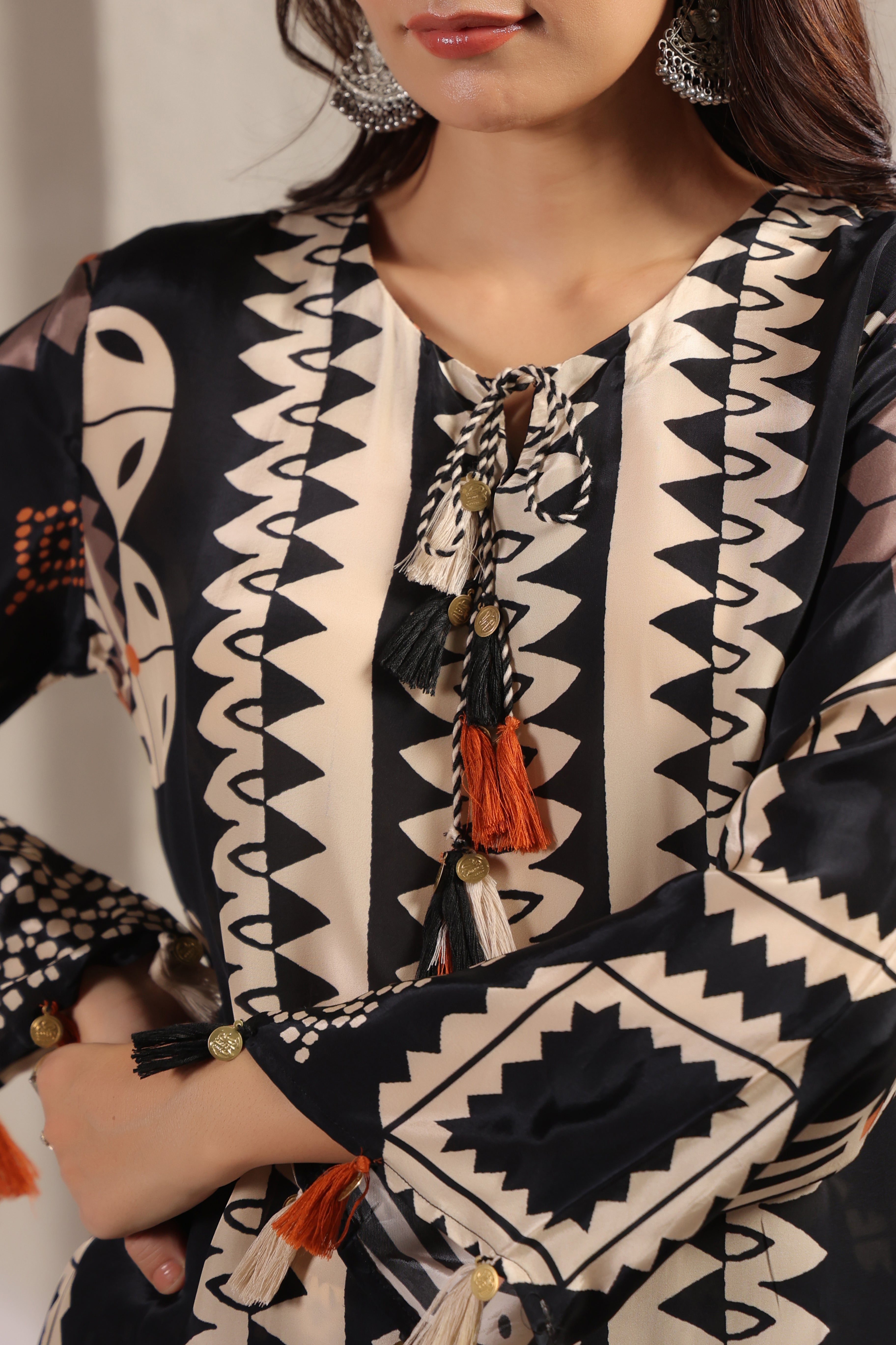 Black & Cream Printed Muslin Silk Co-Ord Set