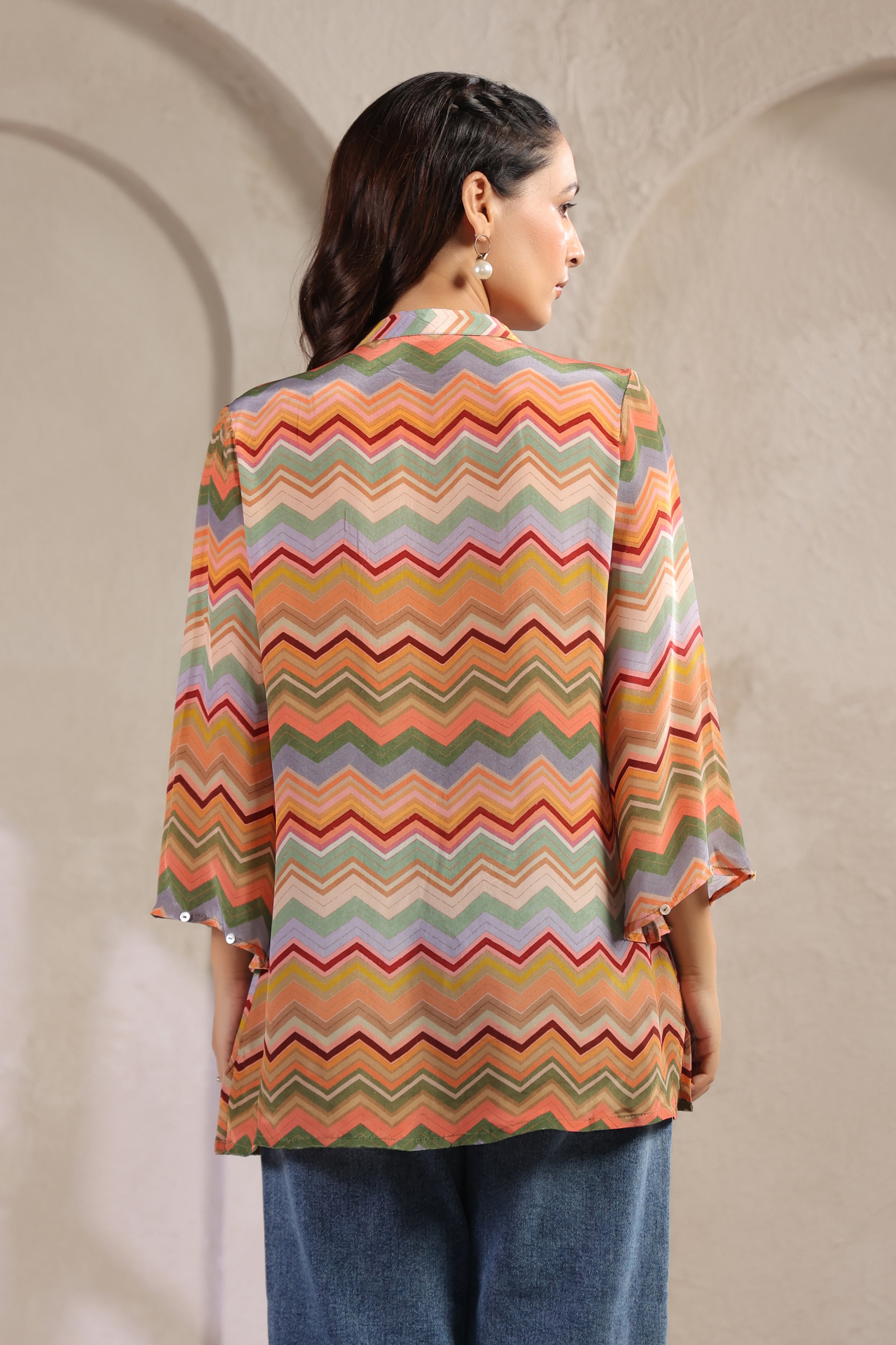 Multi-Colored Chevron Printed Muslin Silk Tunic