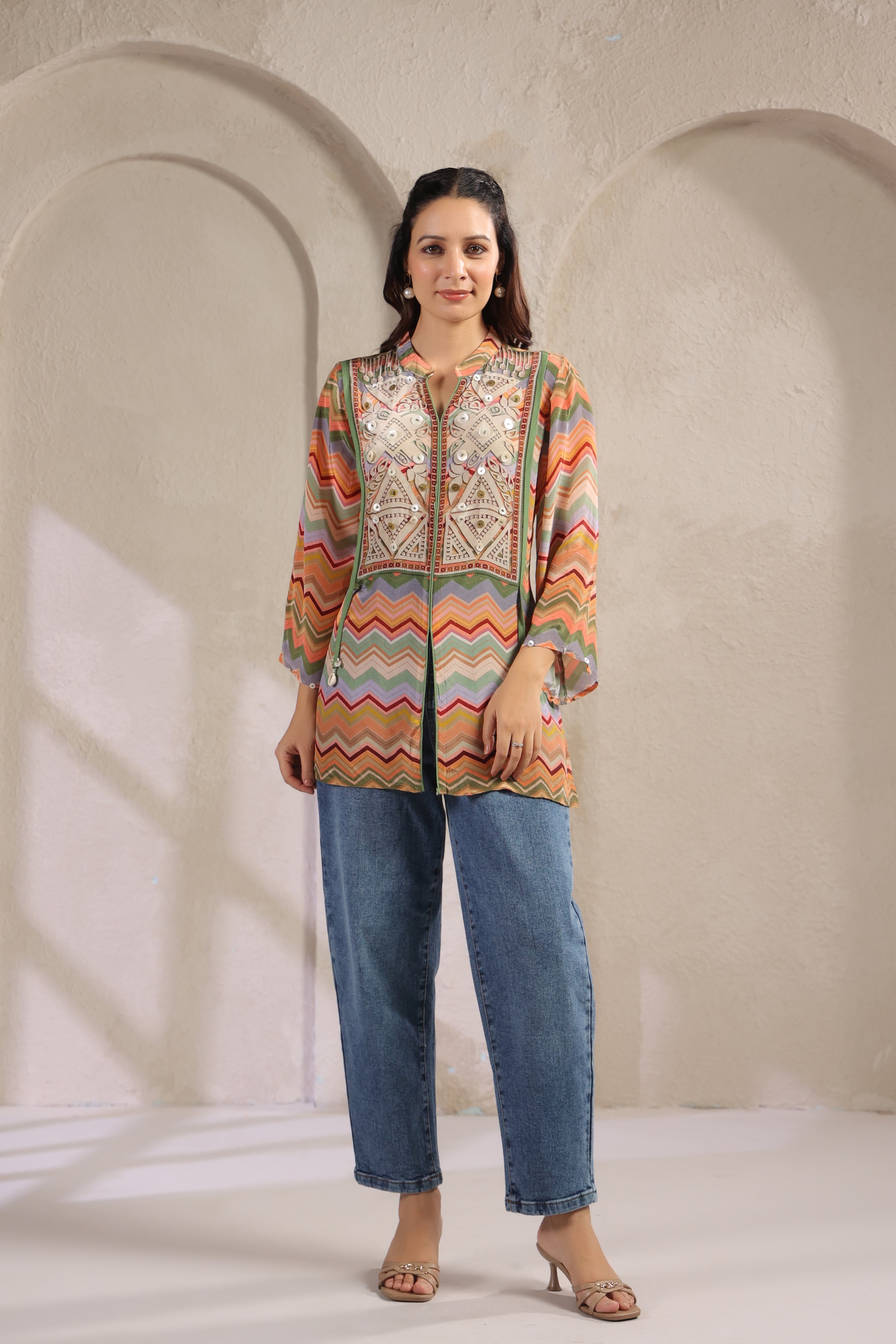 Multi-Colored Chevron Printed Muslin Silk Tunic