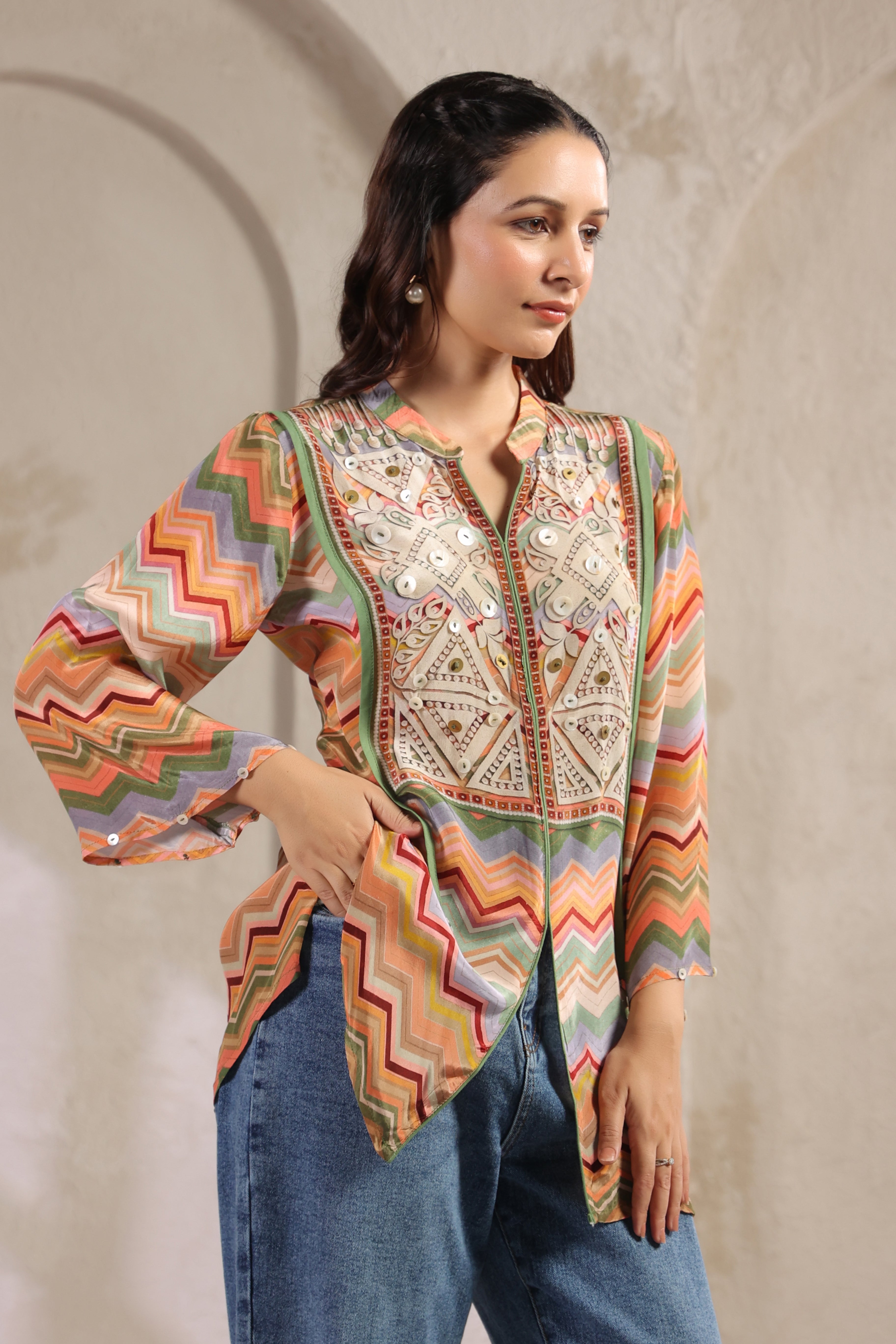 Multi-Colored Chevron Printed Muslin Silk Tunic