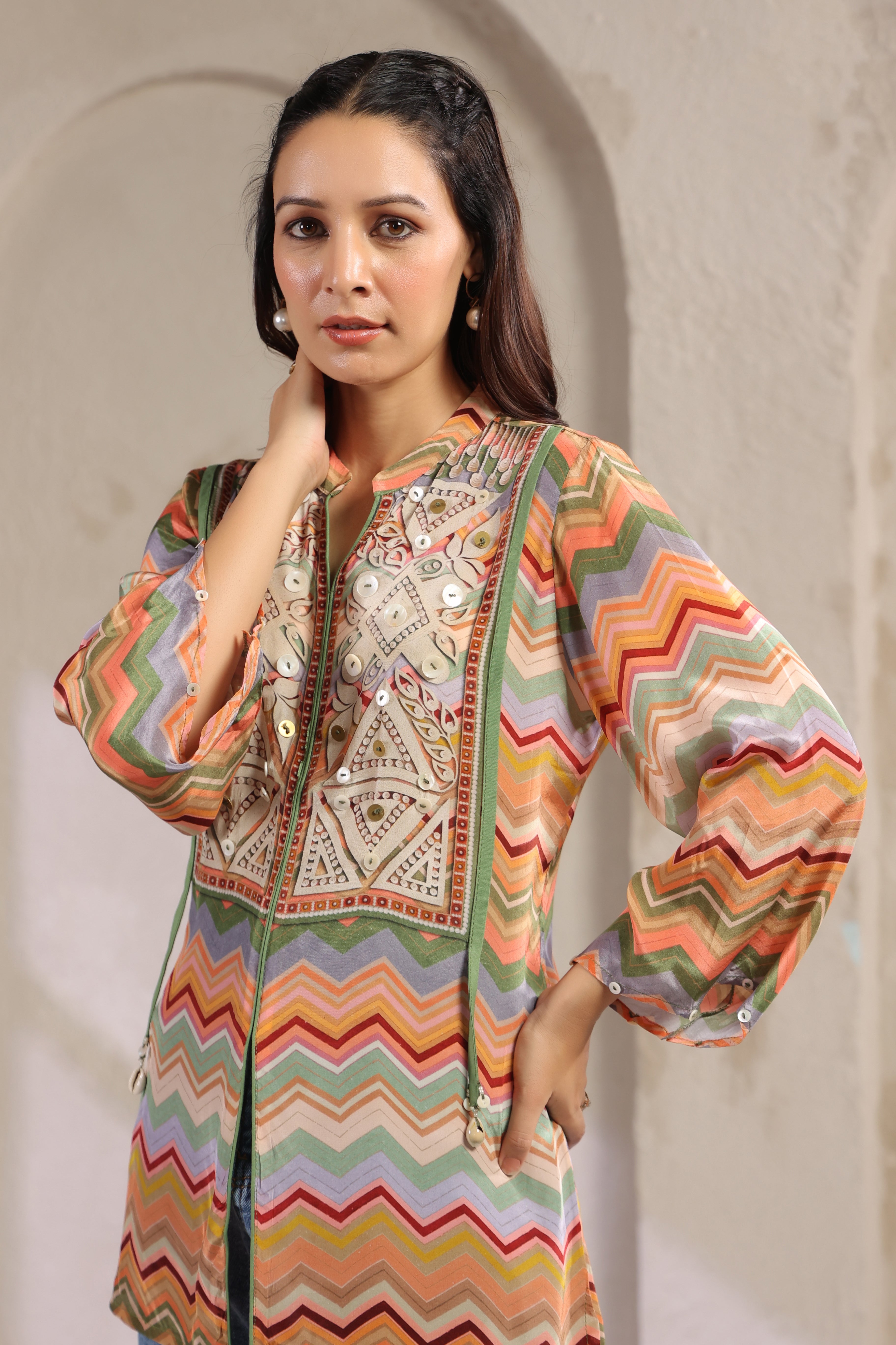 Multi-Colored Chevron Printed Muslin Silk Tunic