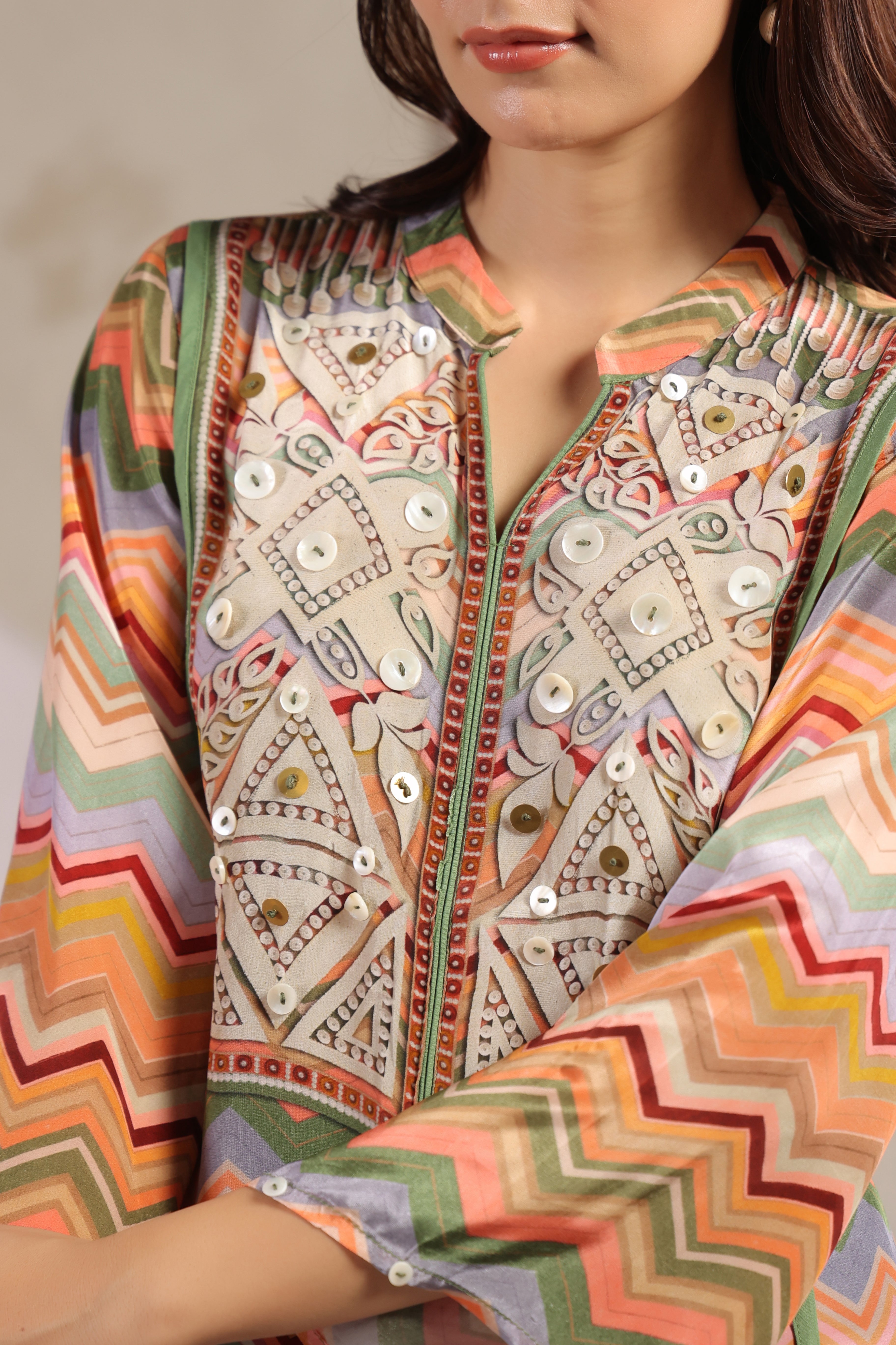 Multi-Colored Chevron Printed Muslin Silk Tunic
