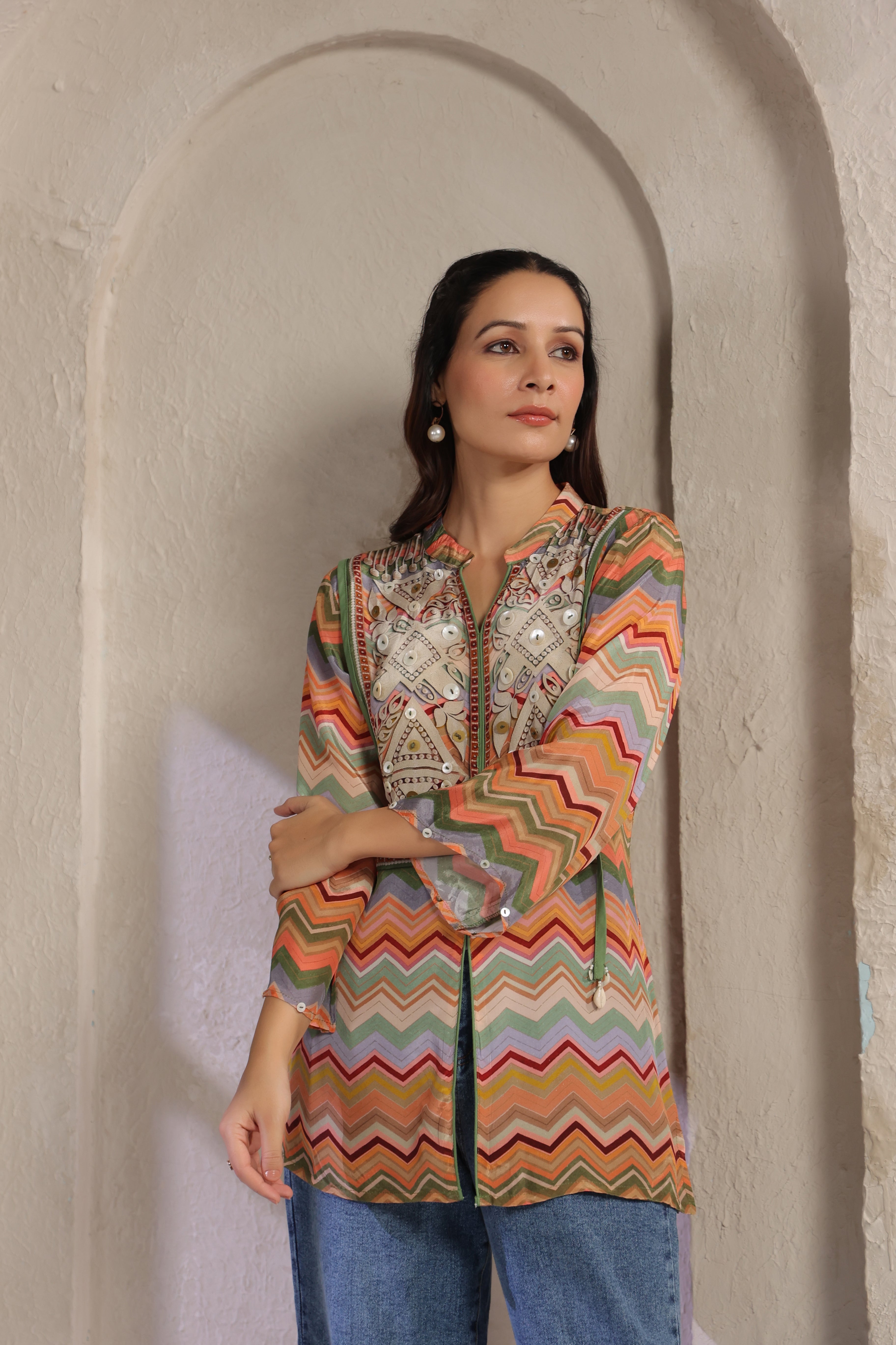 Multi-Colored Chevron Printed Muslin Silk Tunic