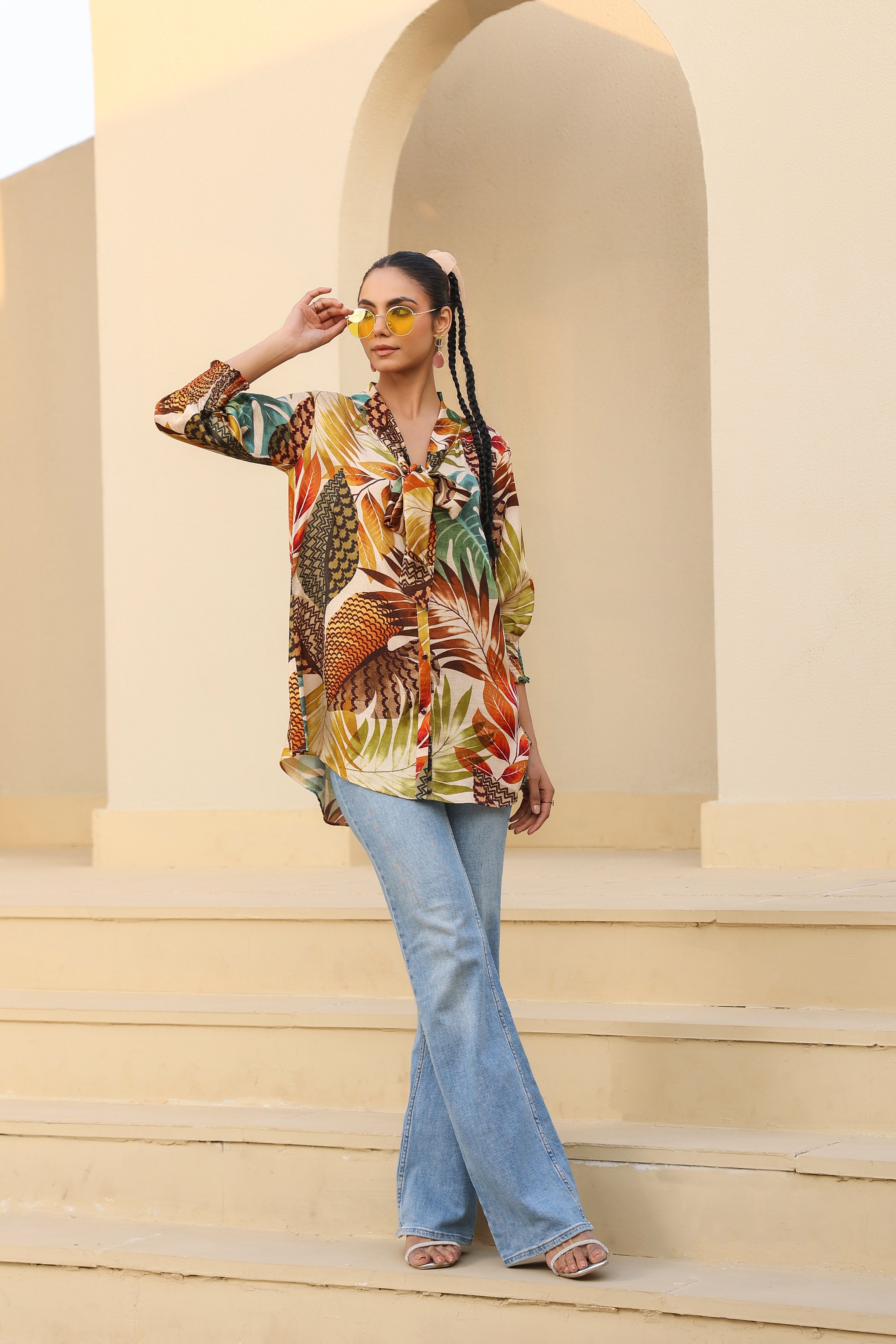 Foliage Printed Linen Satin Top