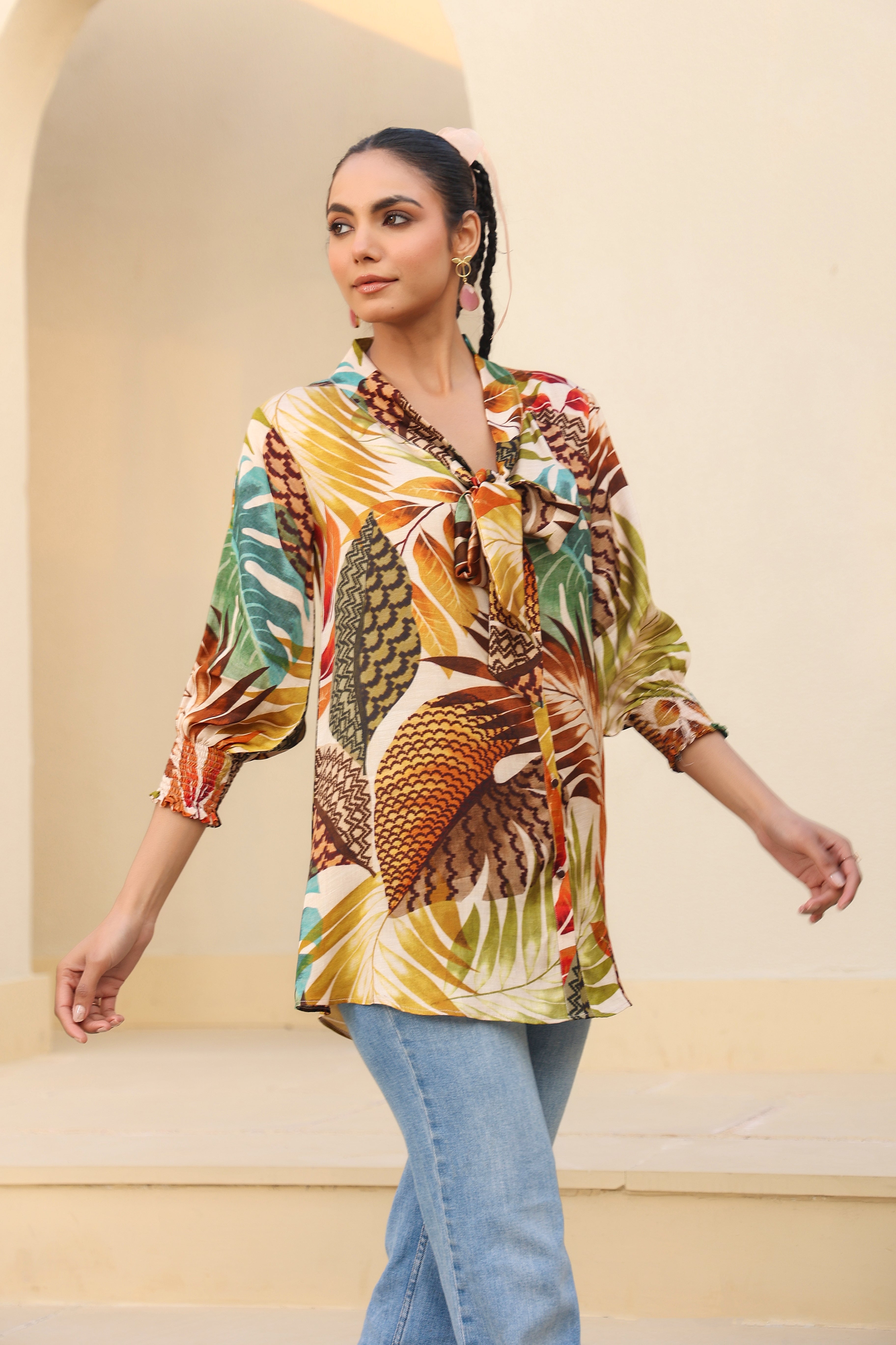 Foliage Printed Linen Satin Top