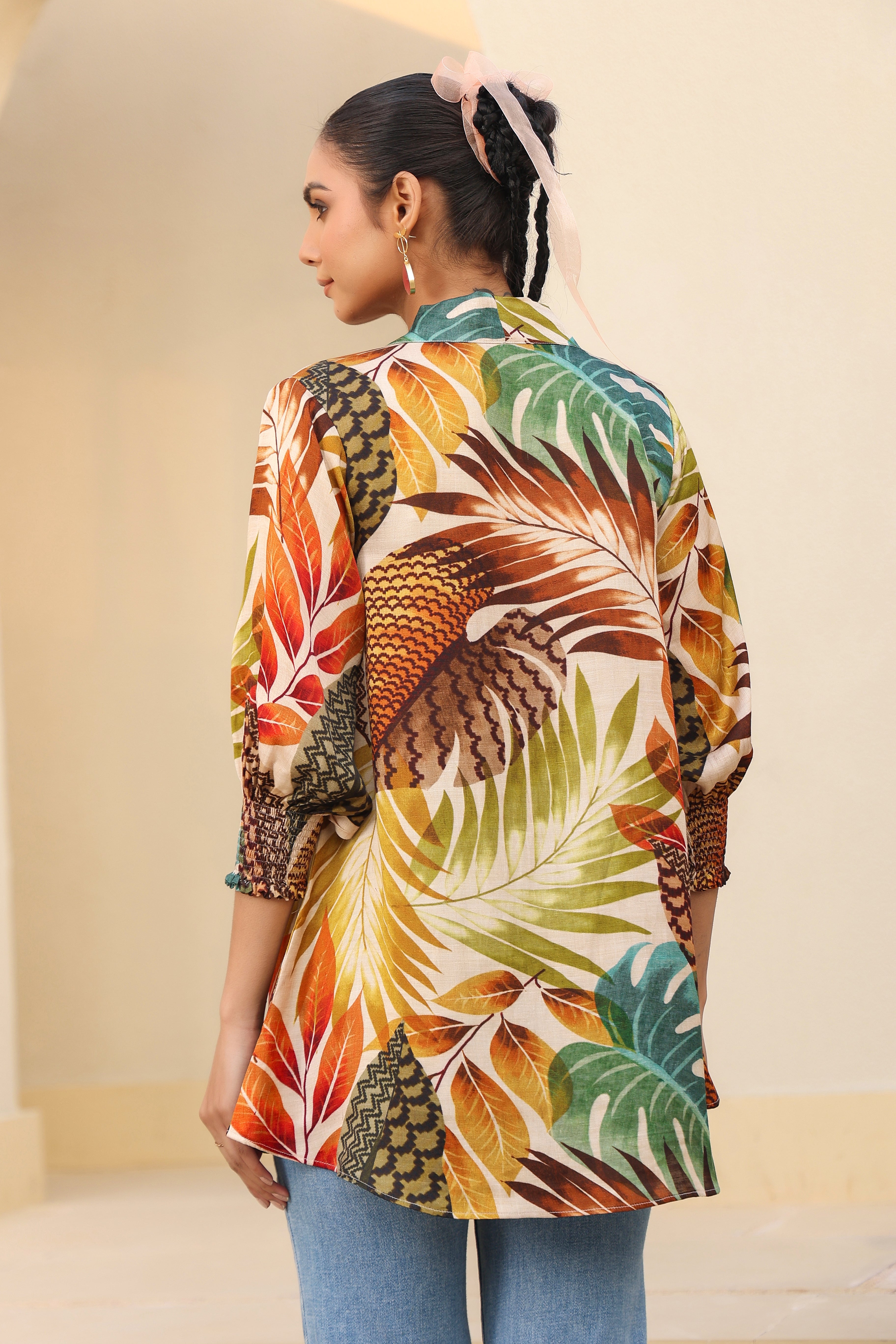 Foliage Printed Linen Satin Top