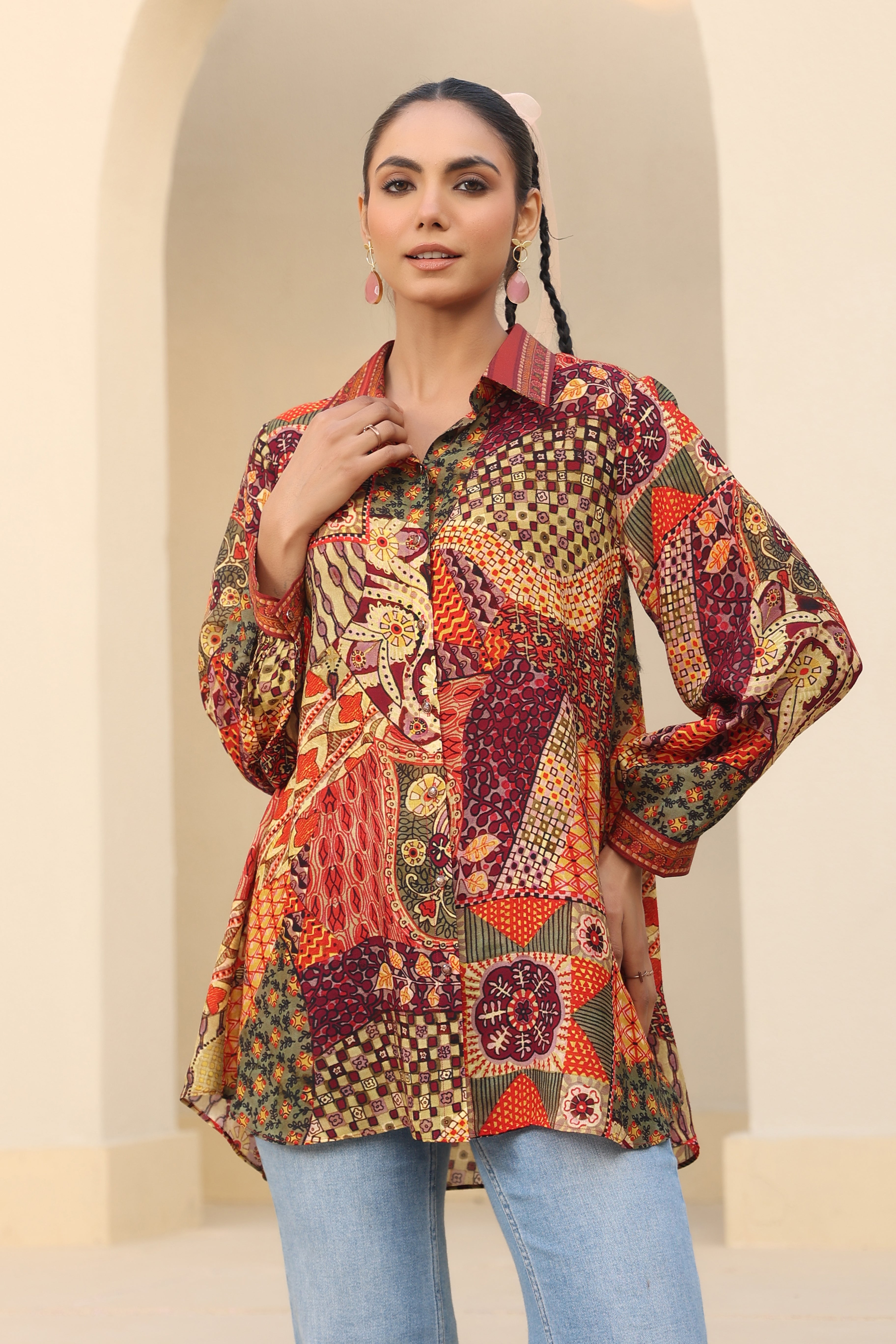 Picturesque Traditional Printed Linen Silk Shirt