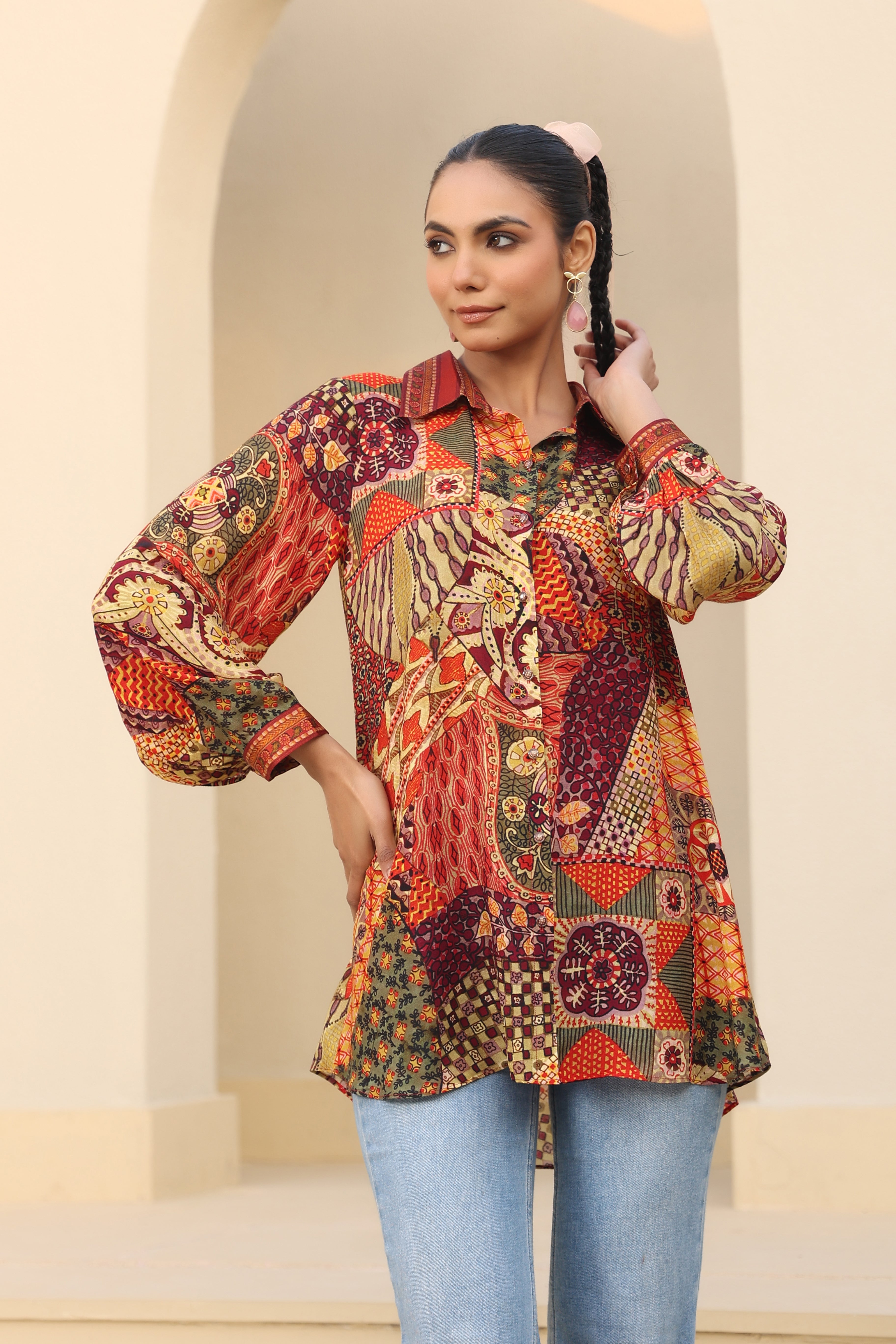 Picturesque Traditional Printed Linen Silk Shirt