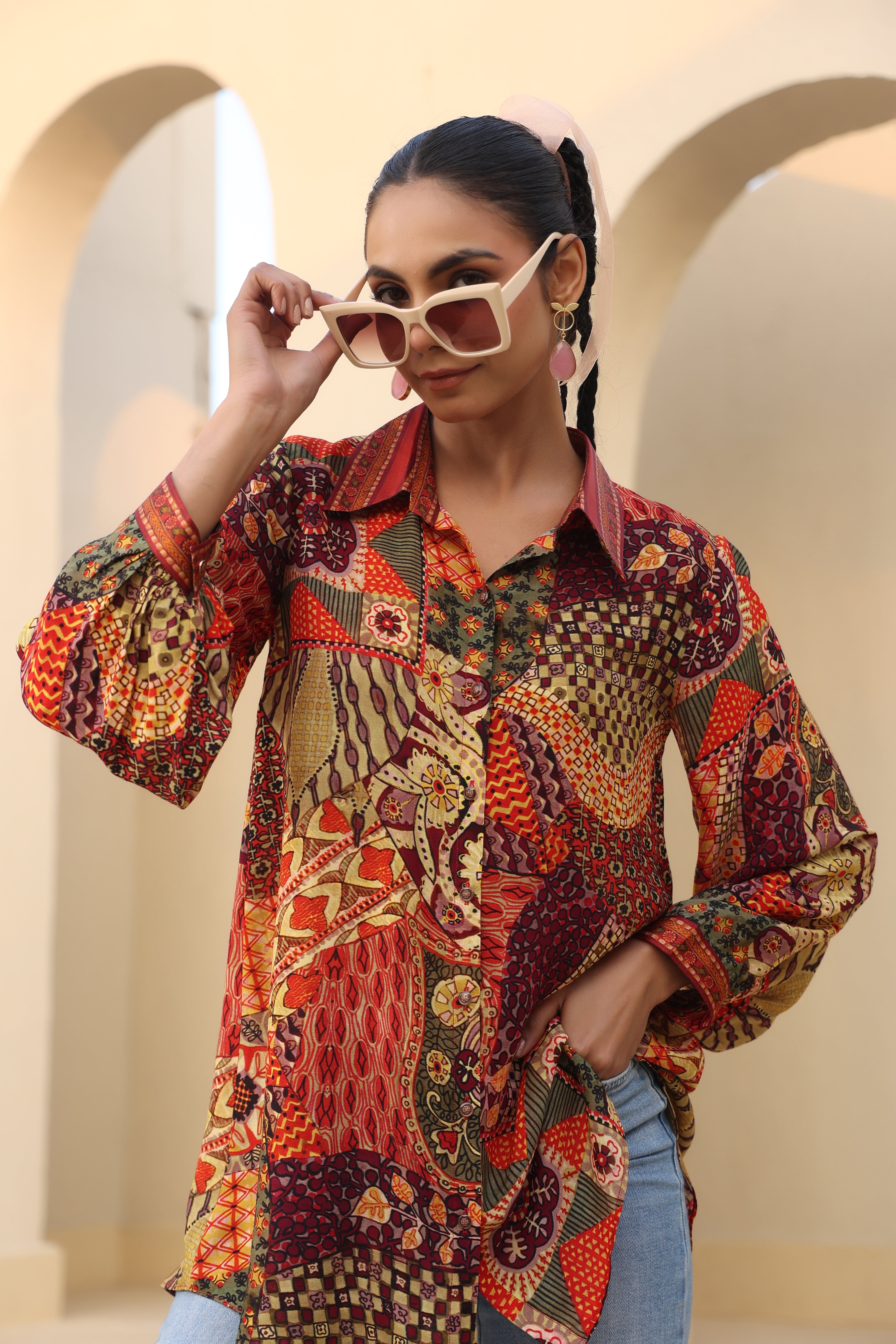 Picturesque Traditional Printed Linen Silk Shirt