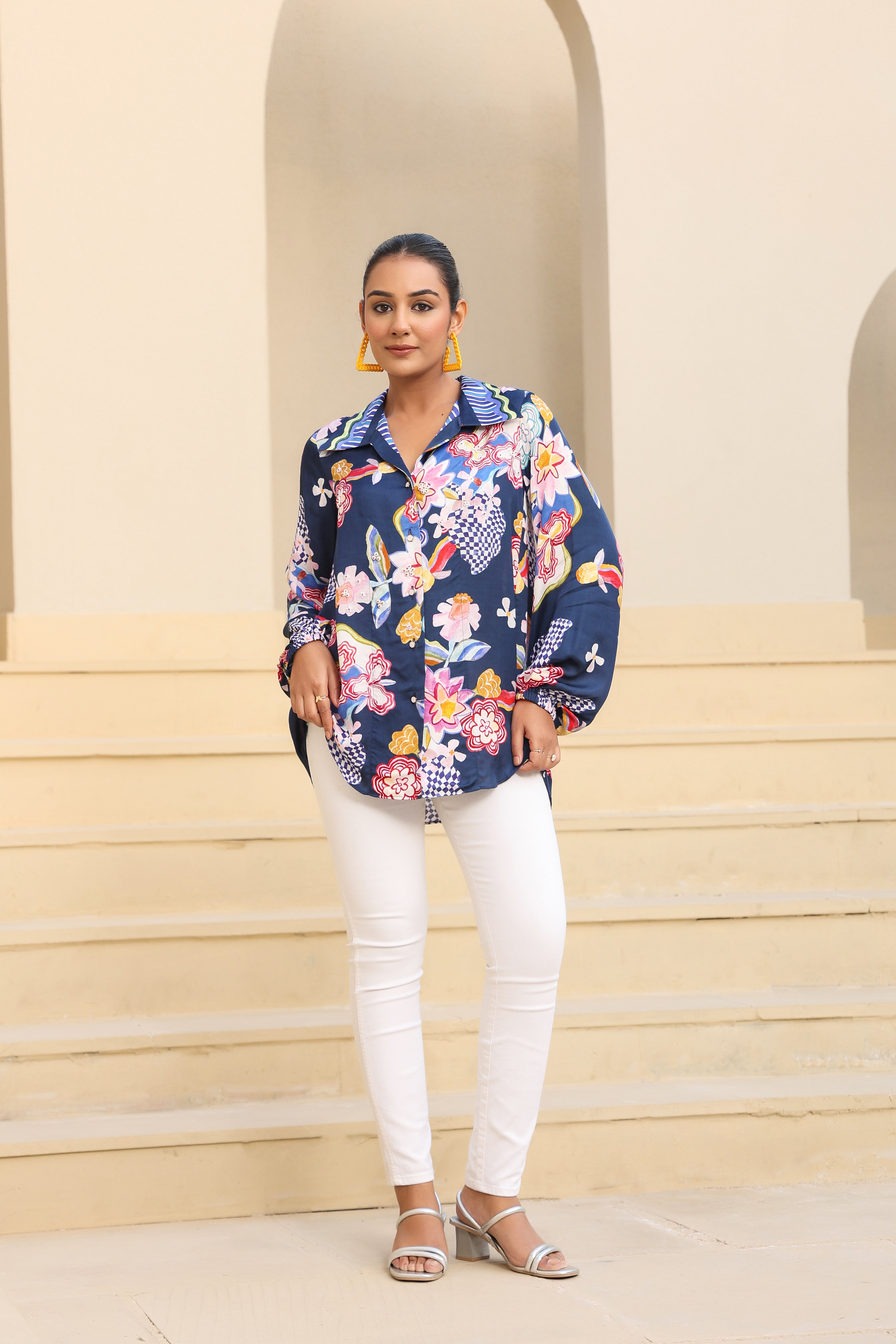 Paradise Blue Floral Printed Satin Silk Shirt