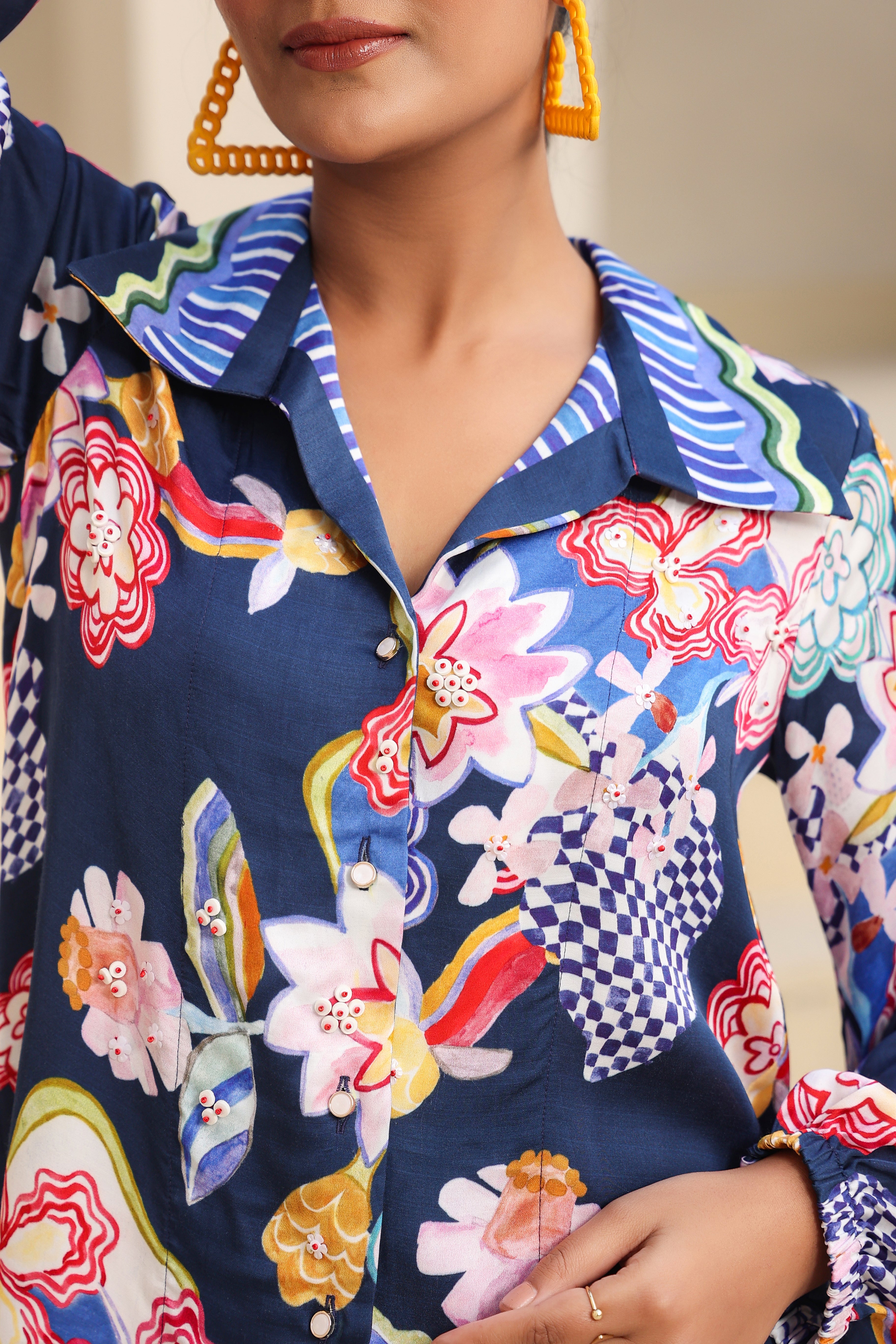 Paradise Blue Floral Printed Satin Silk Shirt