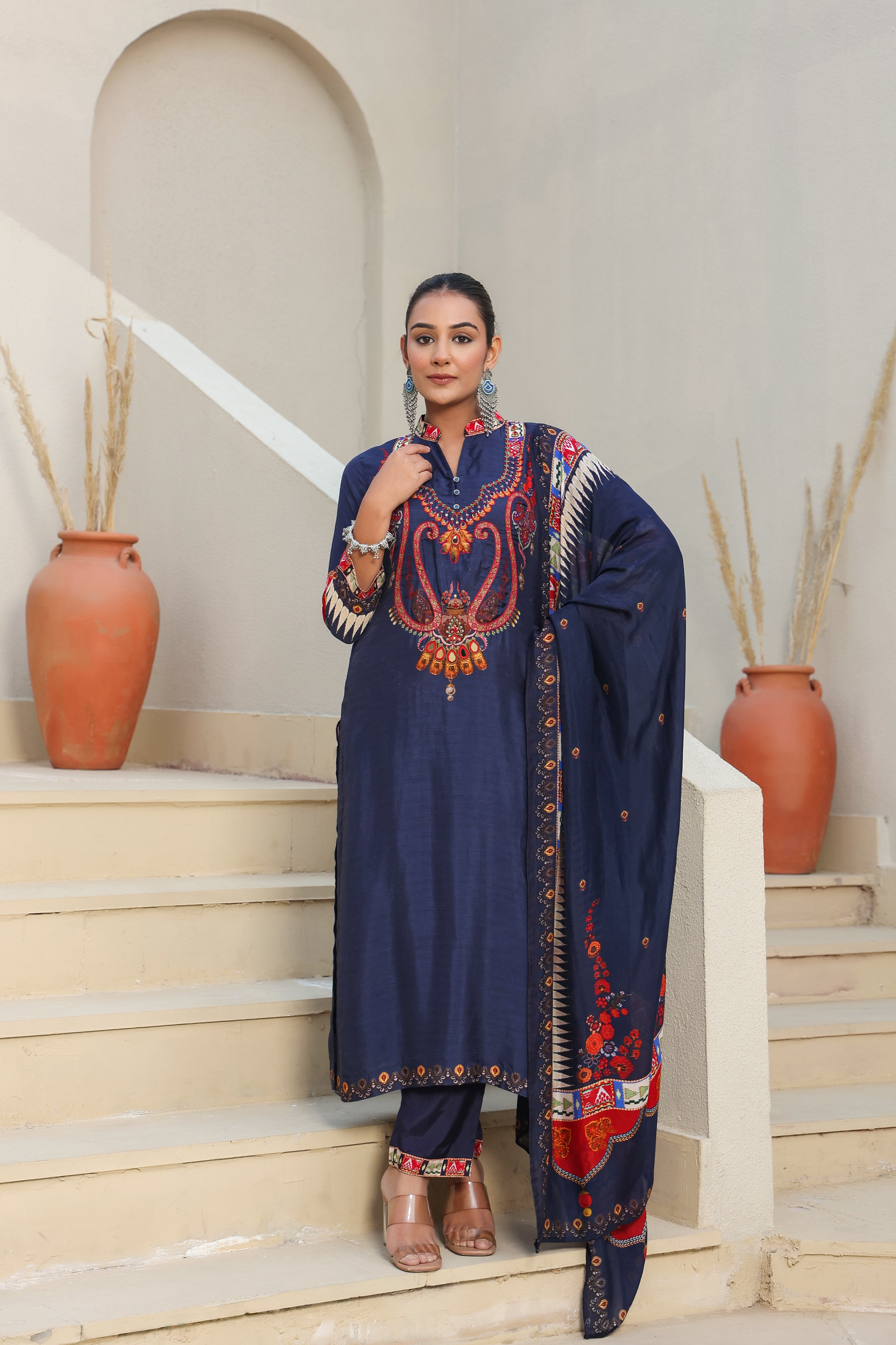 Indigo Traditional Printed Dola Silk Kurta Pants Set