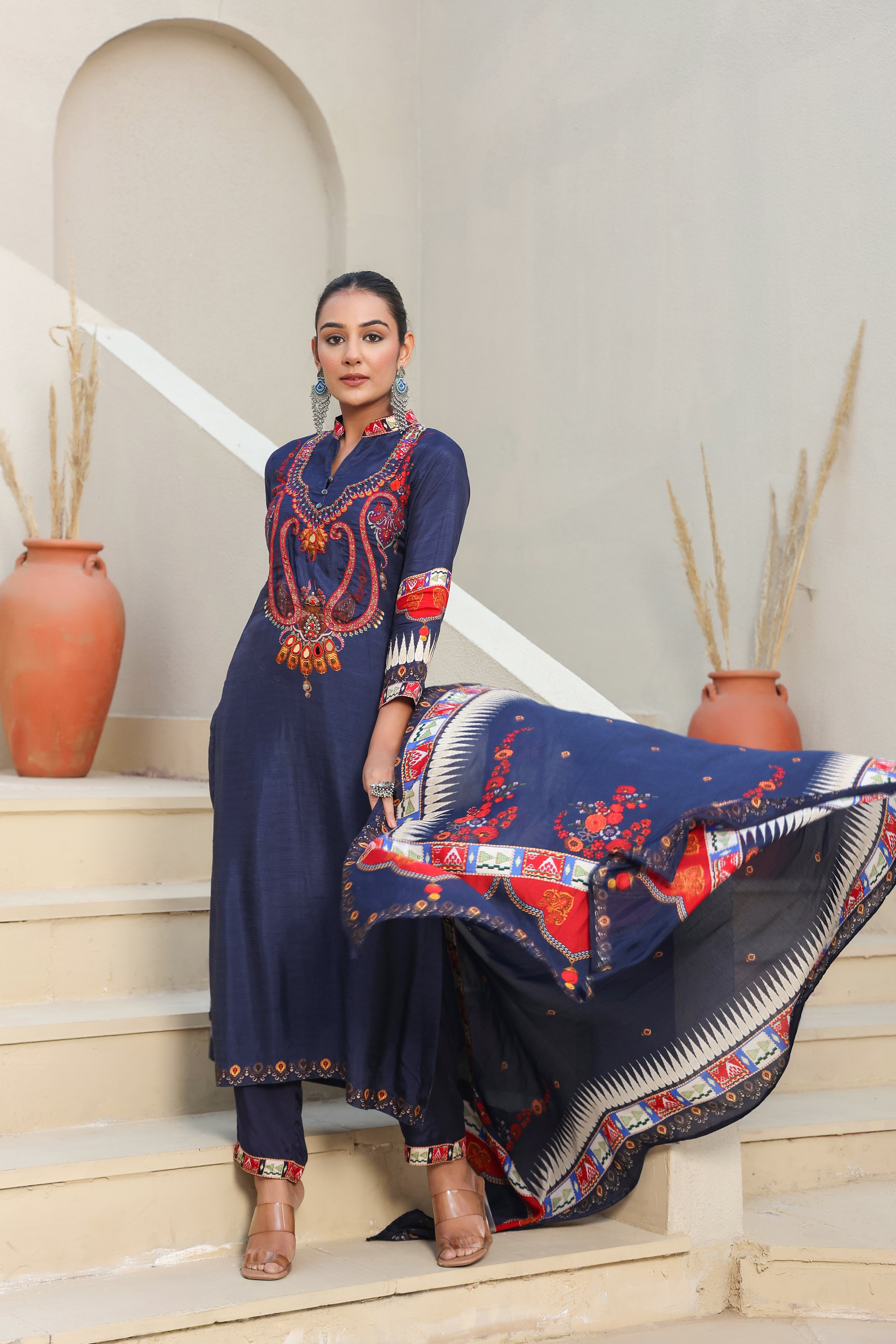 Indigo Traditional Printed Dola Silk Kurta Pants Set