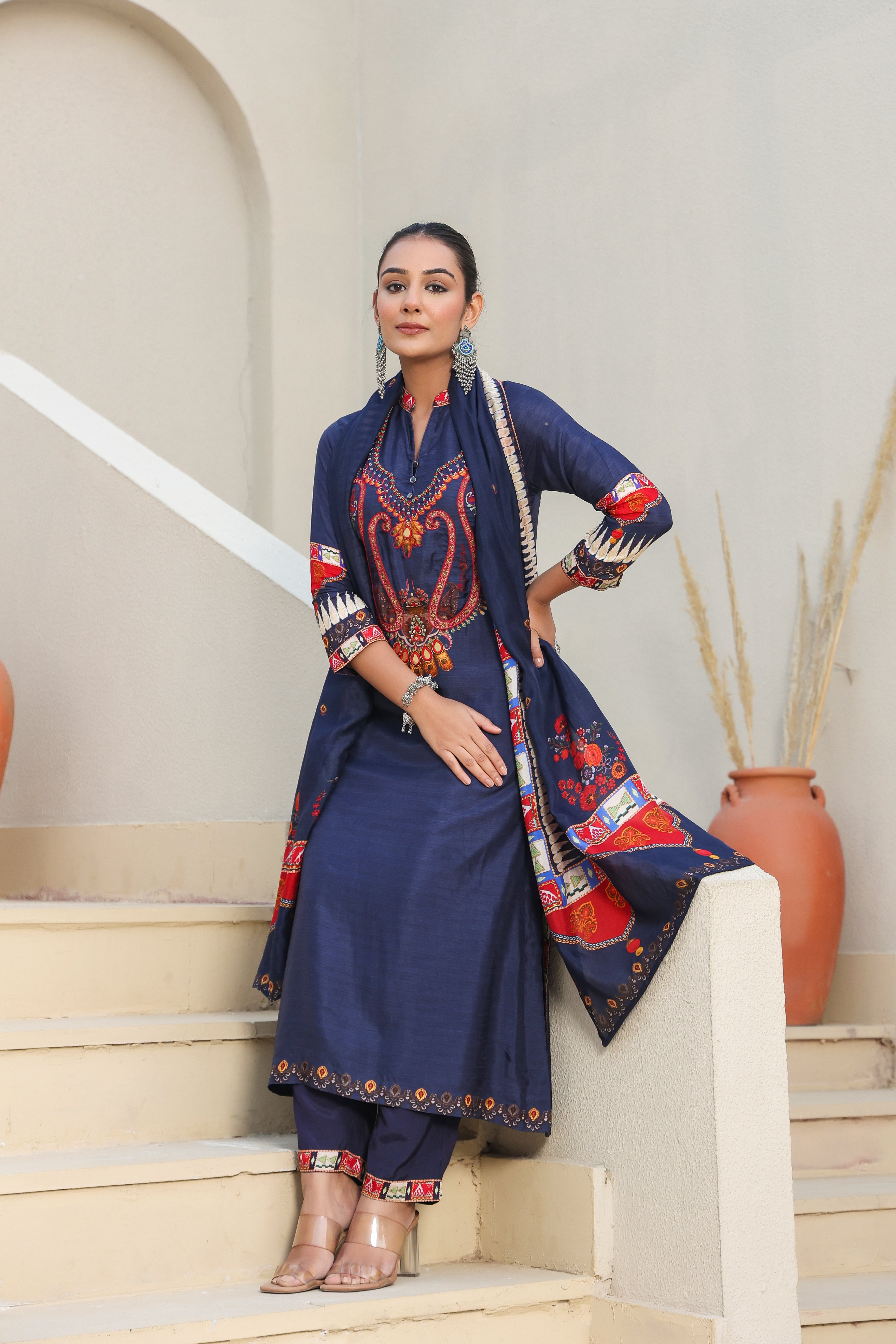 Indigo Traditional Printed Dola Silk Kurta Pants Set