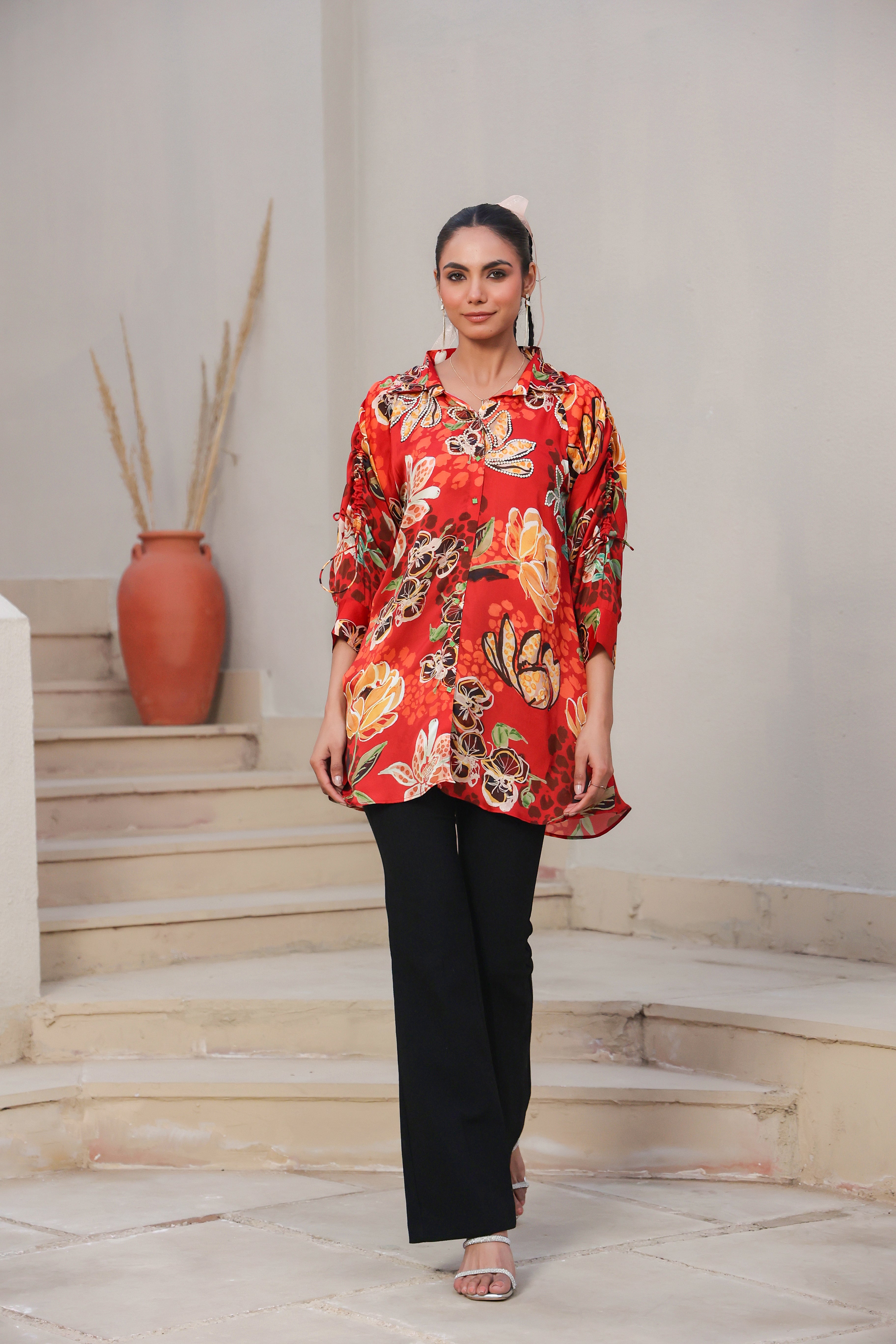 Cherry Blossom Printed Satin Silk Shirt