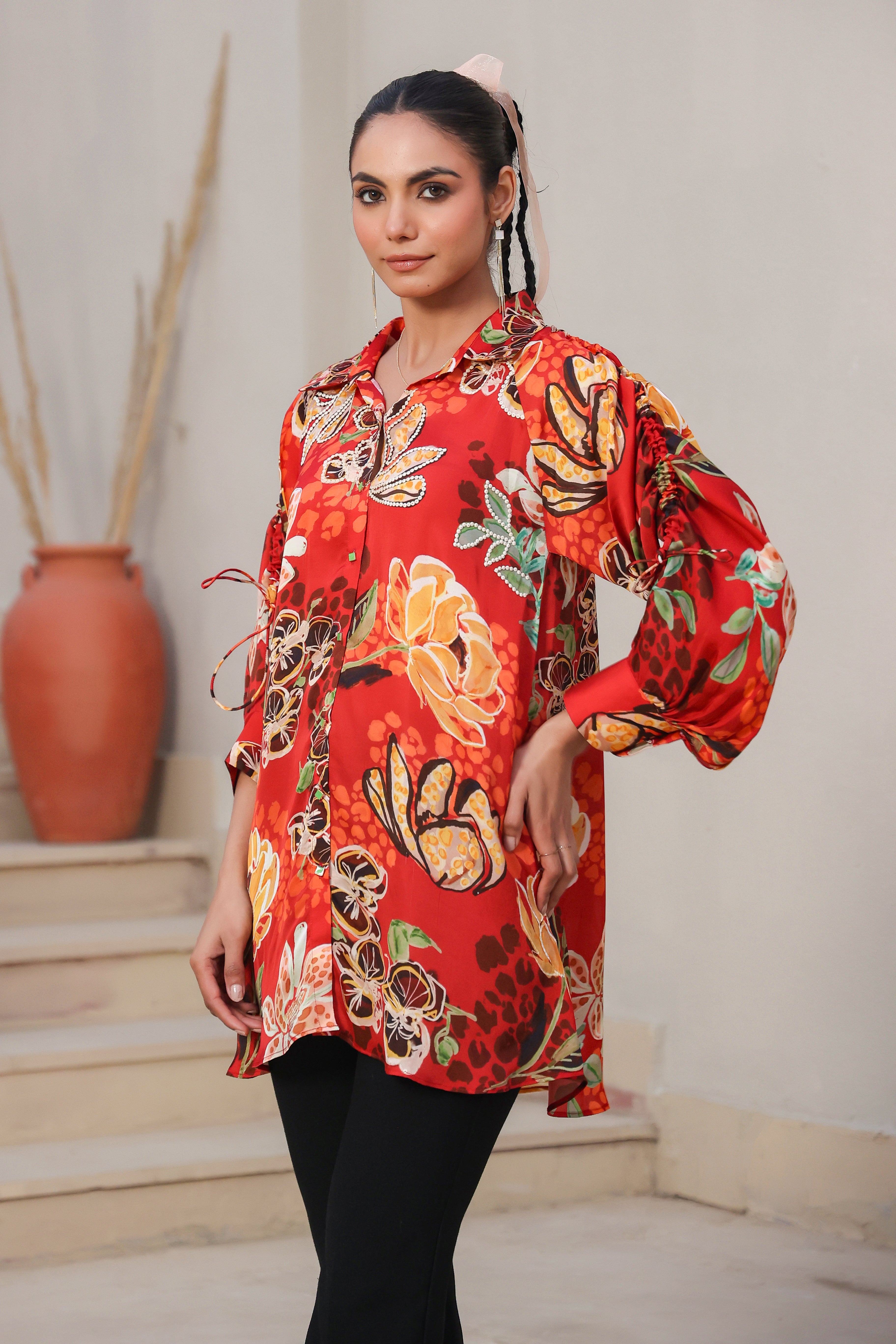 Cherry Blossom Printed Satin Silk Shirt