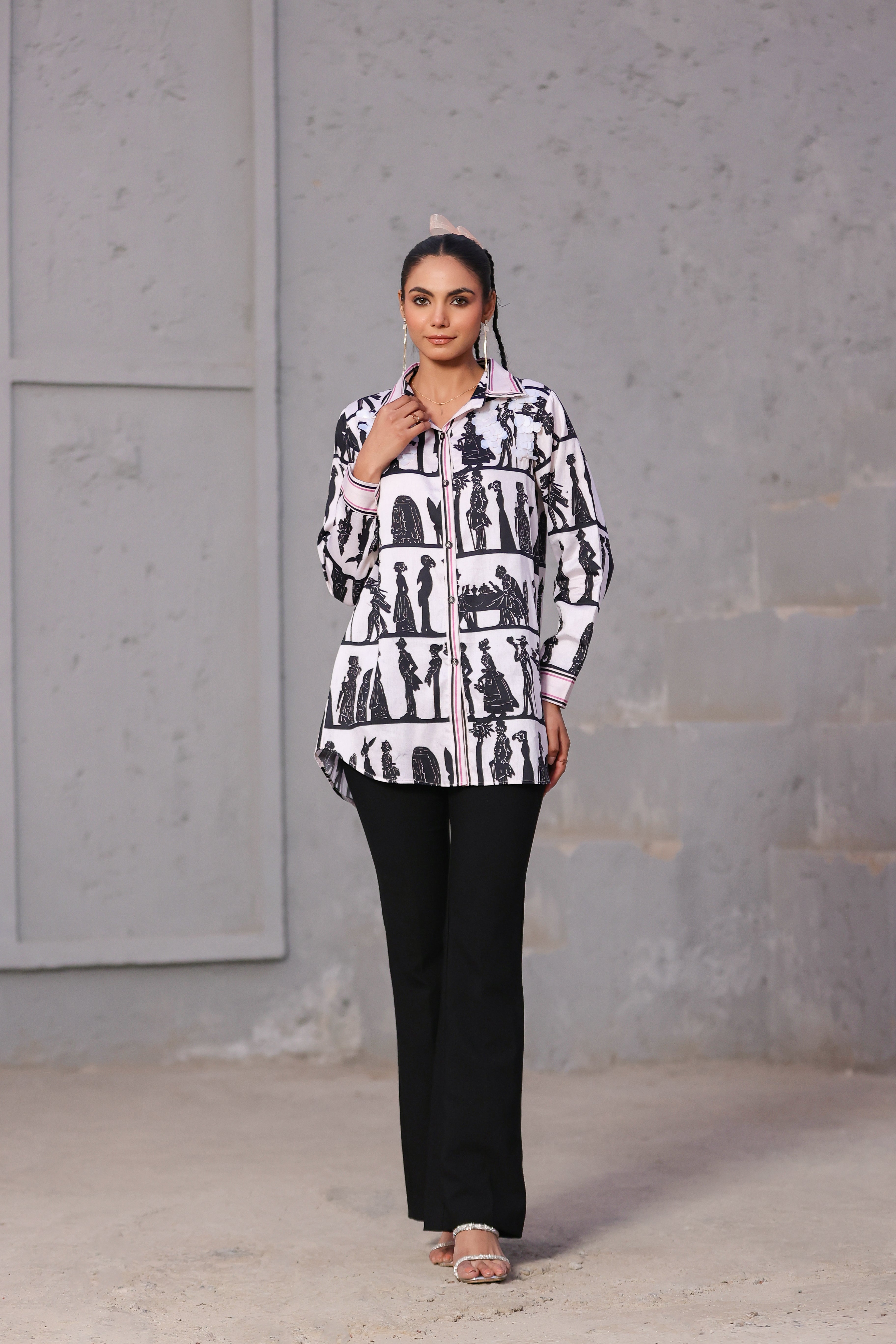 Black & White Printed Malai Cotton Shirt