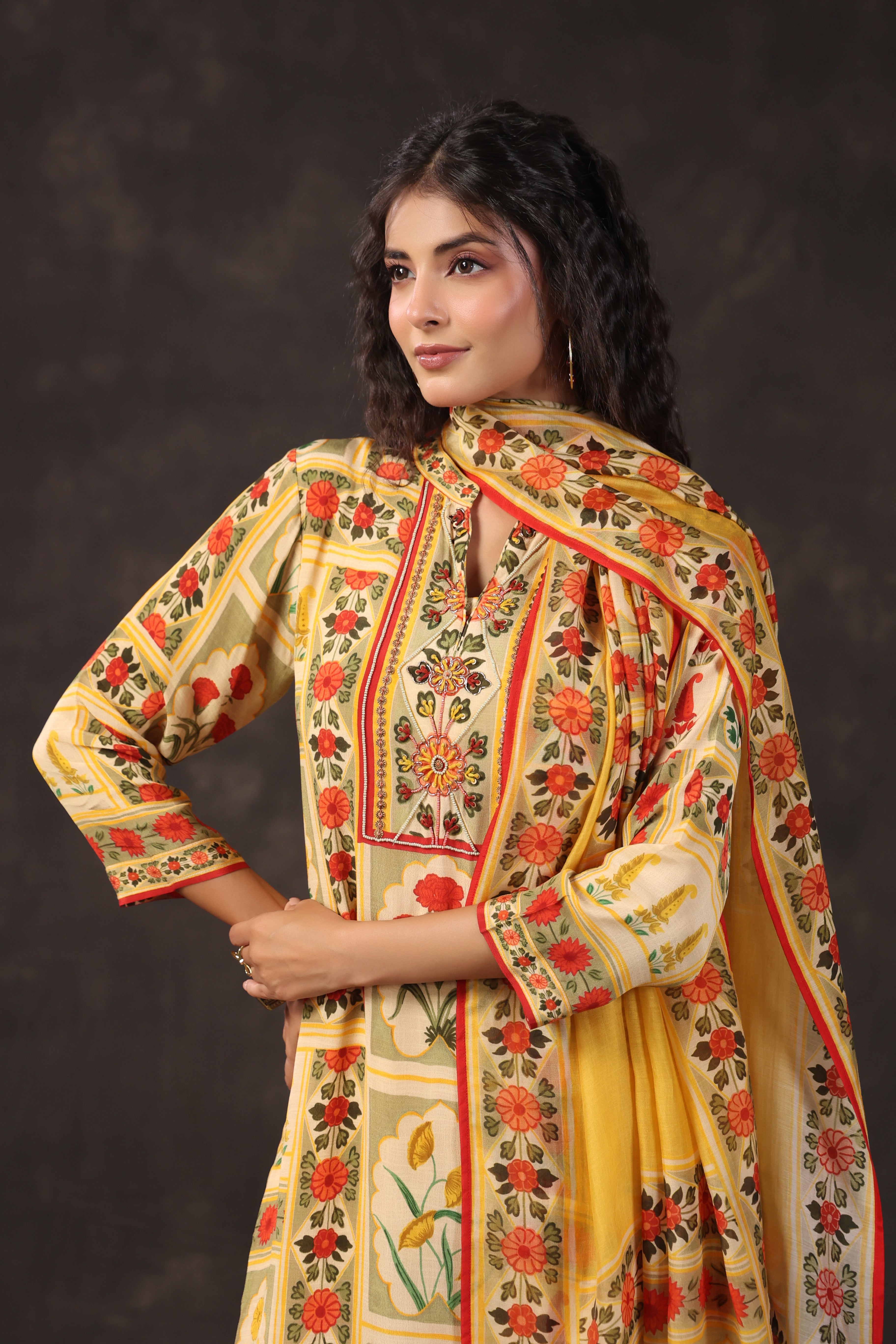 Warm Yellow Printed Crepe Silk Pant Set