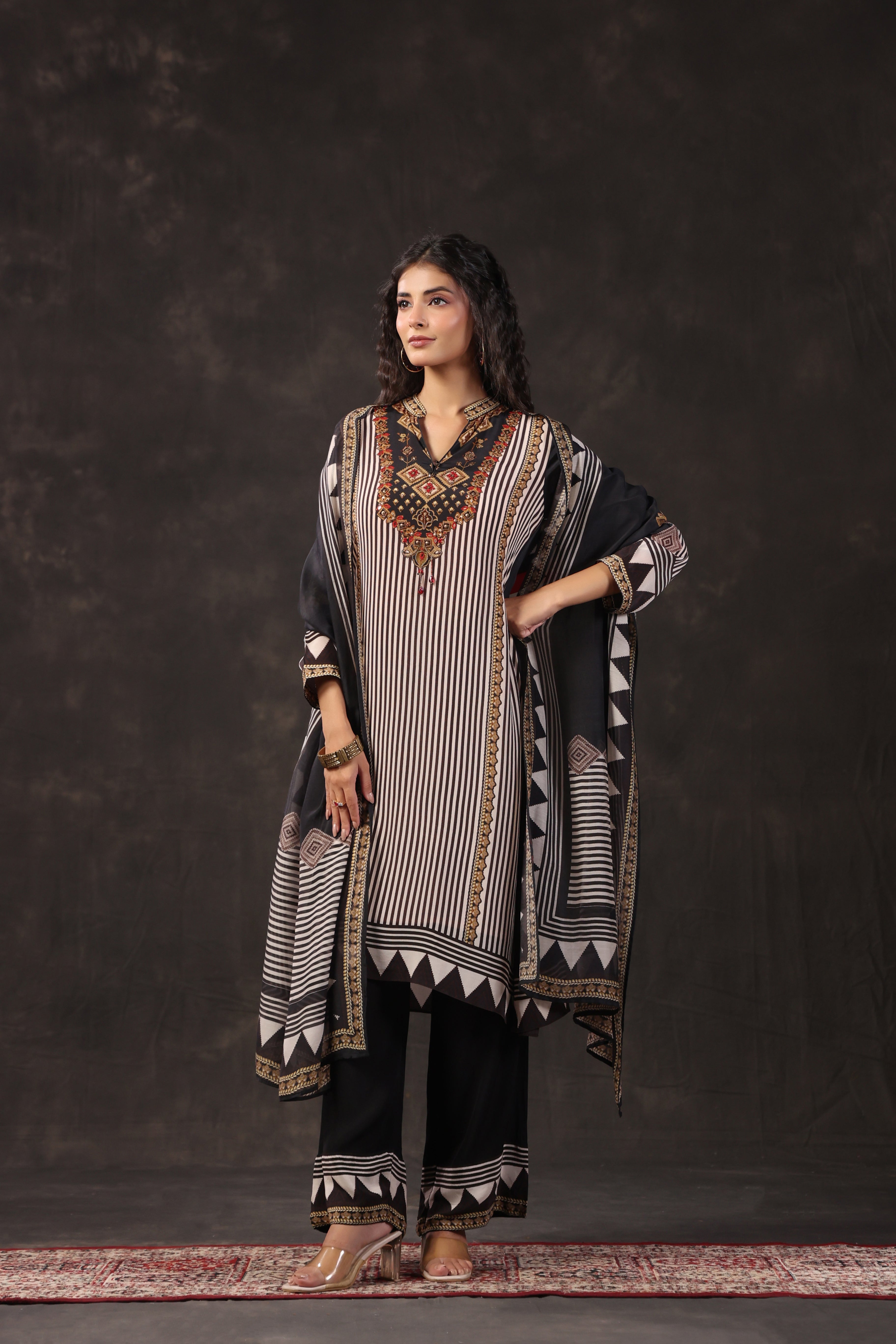 Monochrome Printed Crepe Silk Pant Set