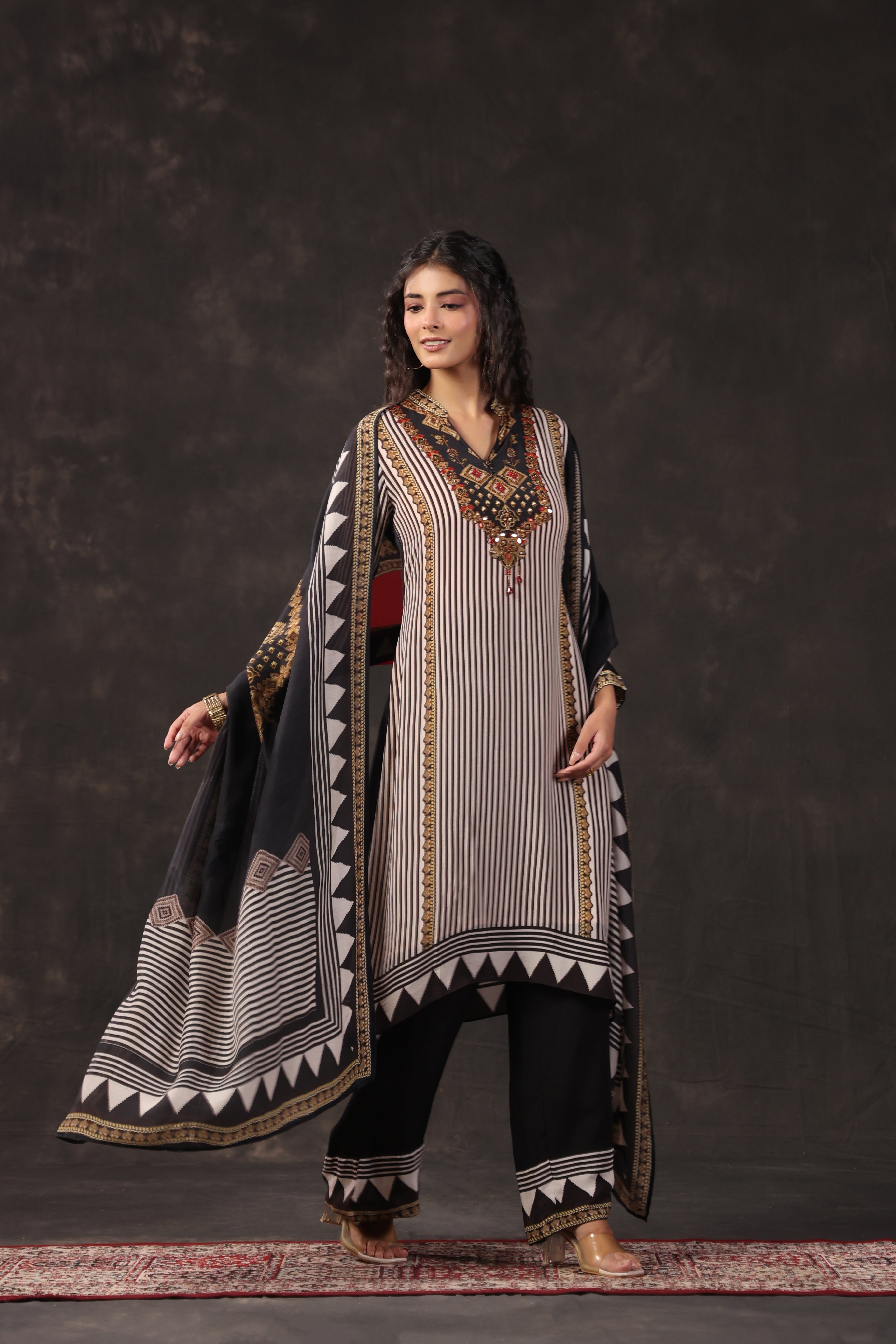 Monochrome Printed Crepe Silk Pant Set