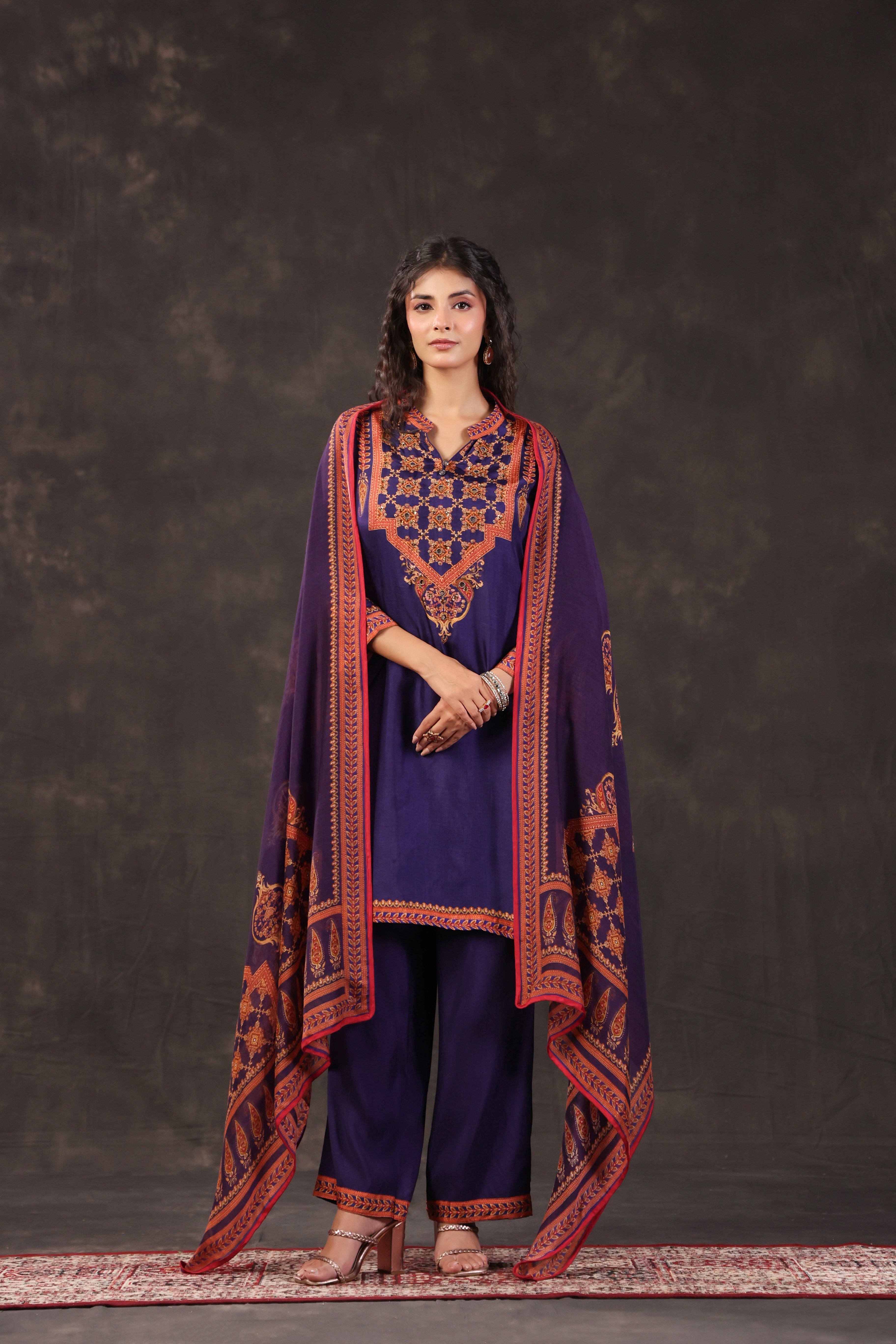 Royal Purple Printed Dola Silk Pant Set