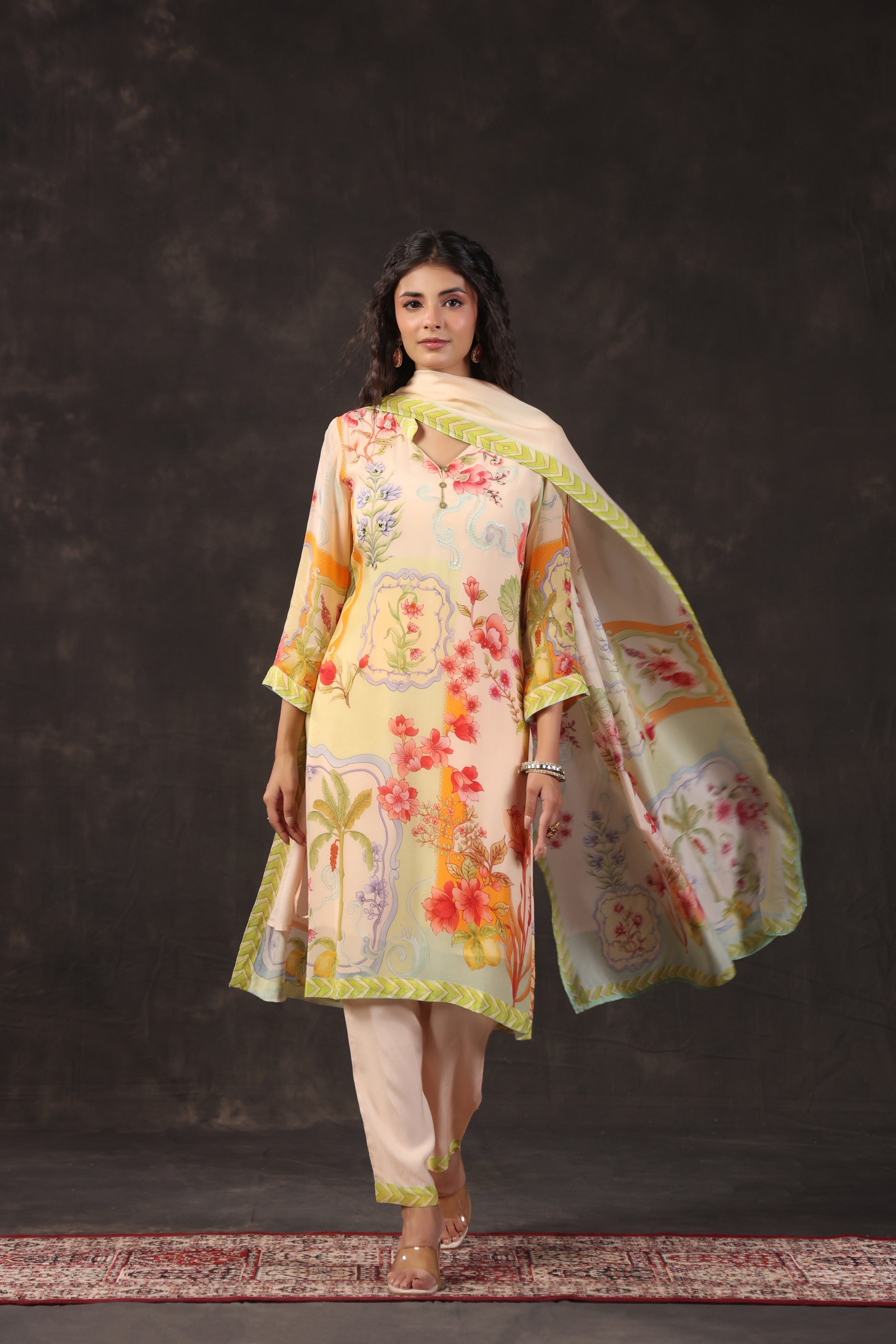 Pastel Bloom Printed Crepe Silk Pant Set
