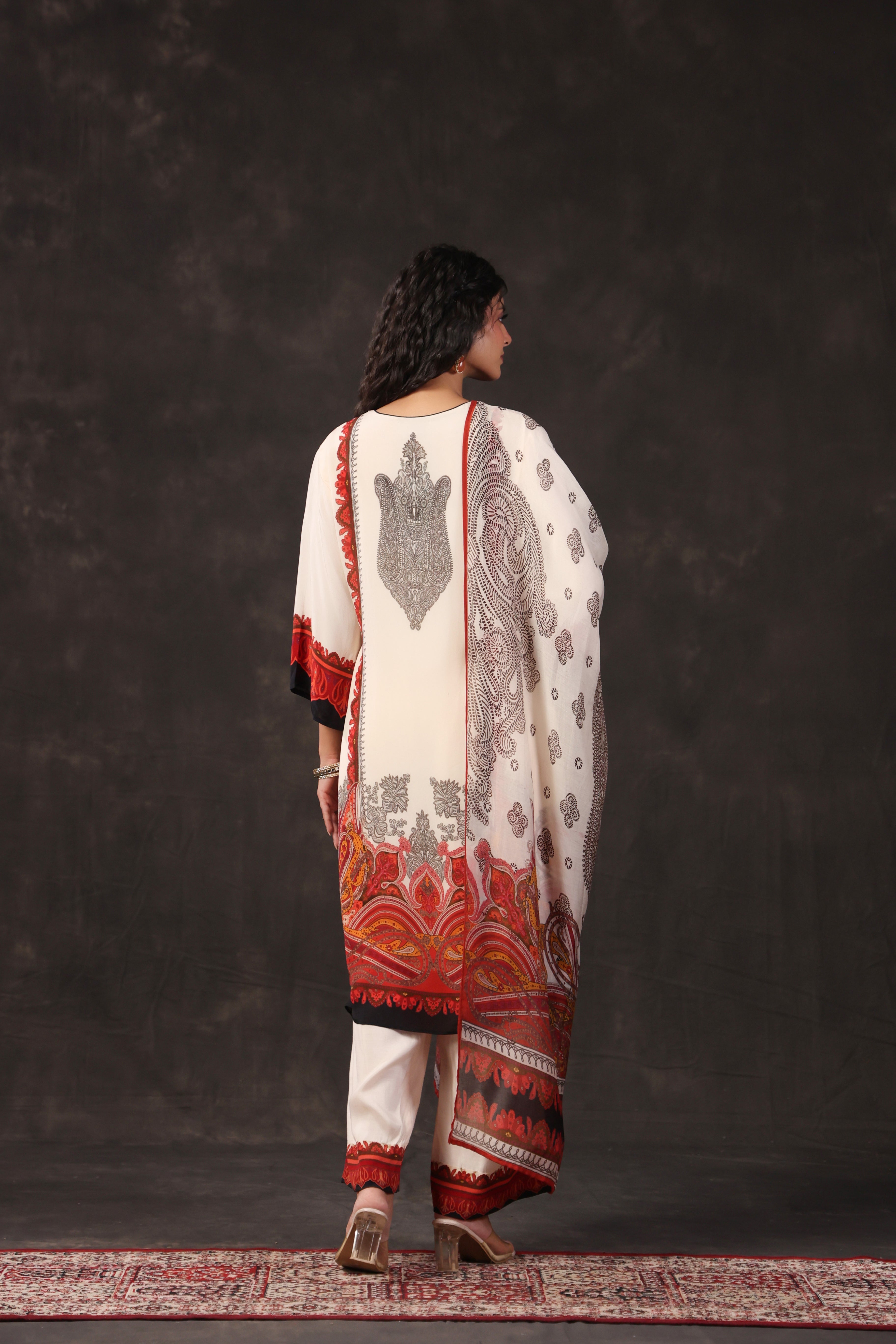 Ivory Cream Printed Crepe Silk Pant Set