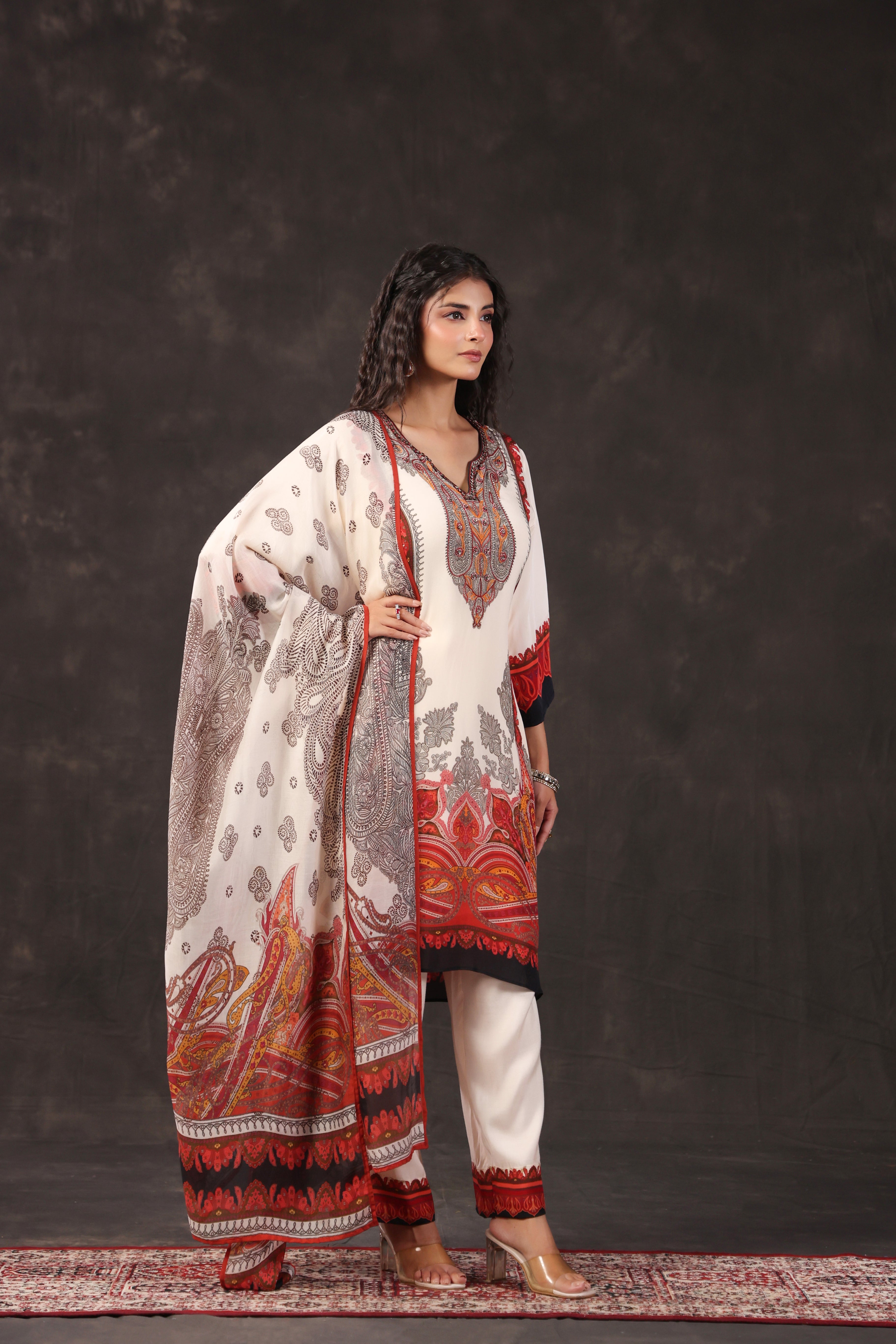 Ivory Cream Printed Crepe Silk Pant Set