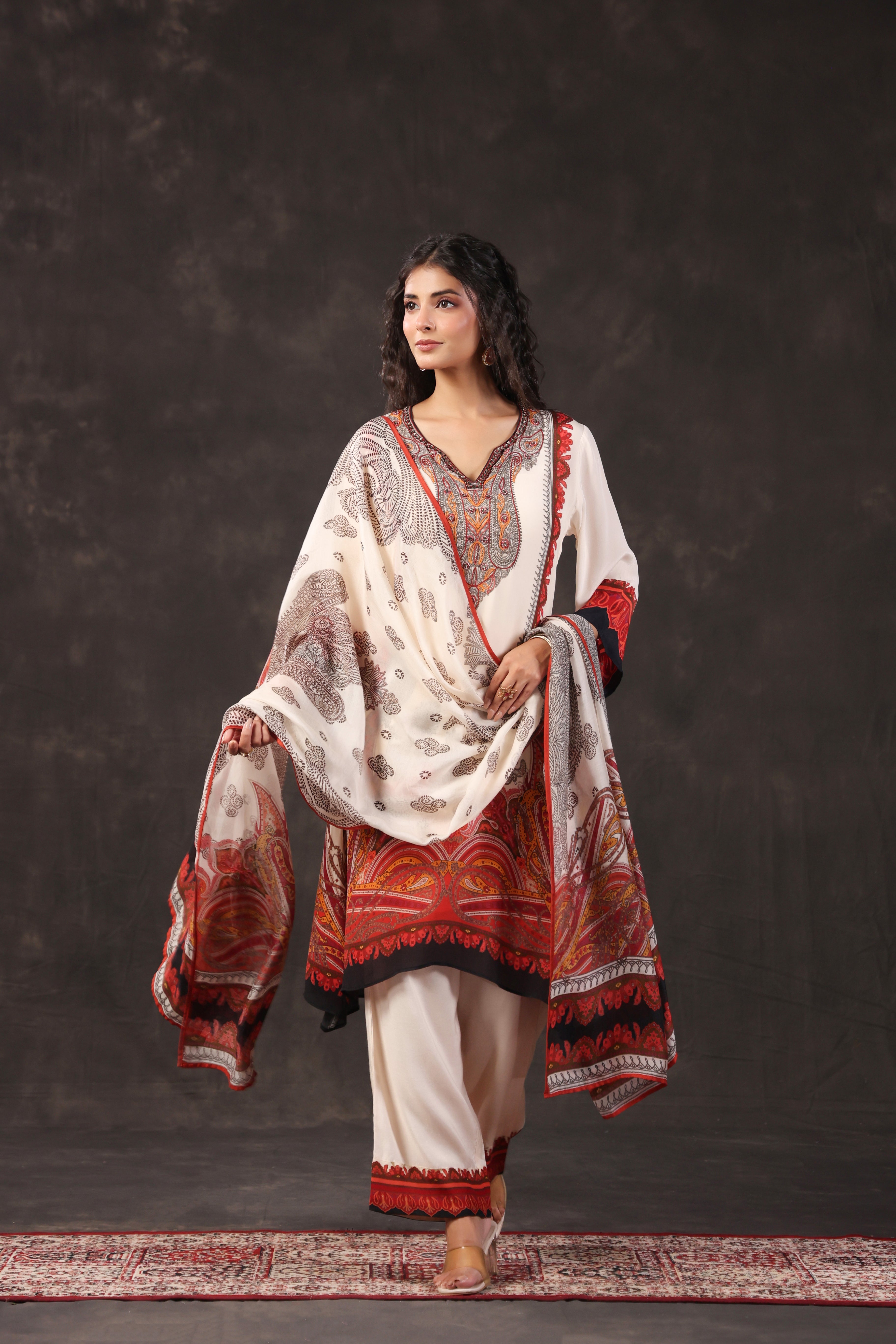 Ivory Cream Printed Crepe Silk Pant Set
