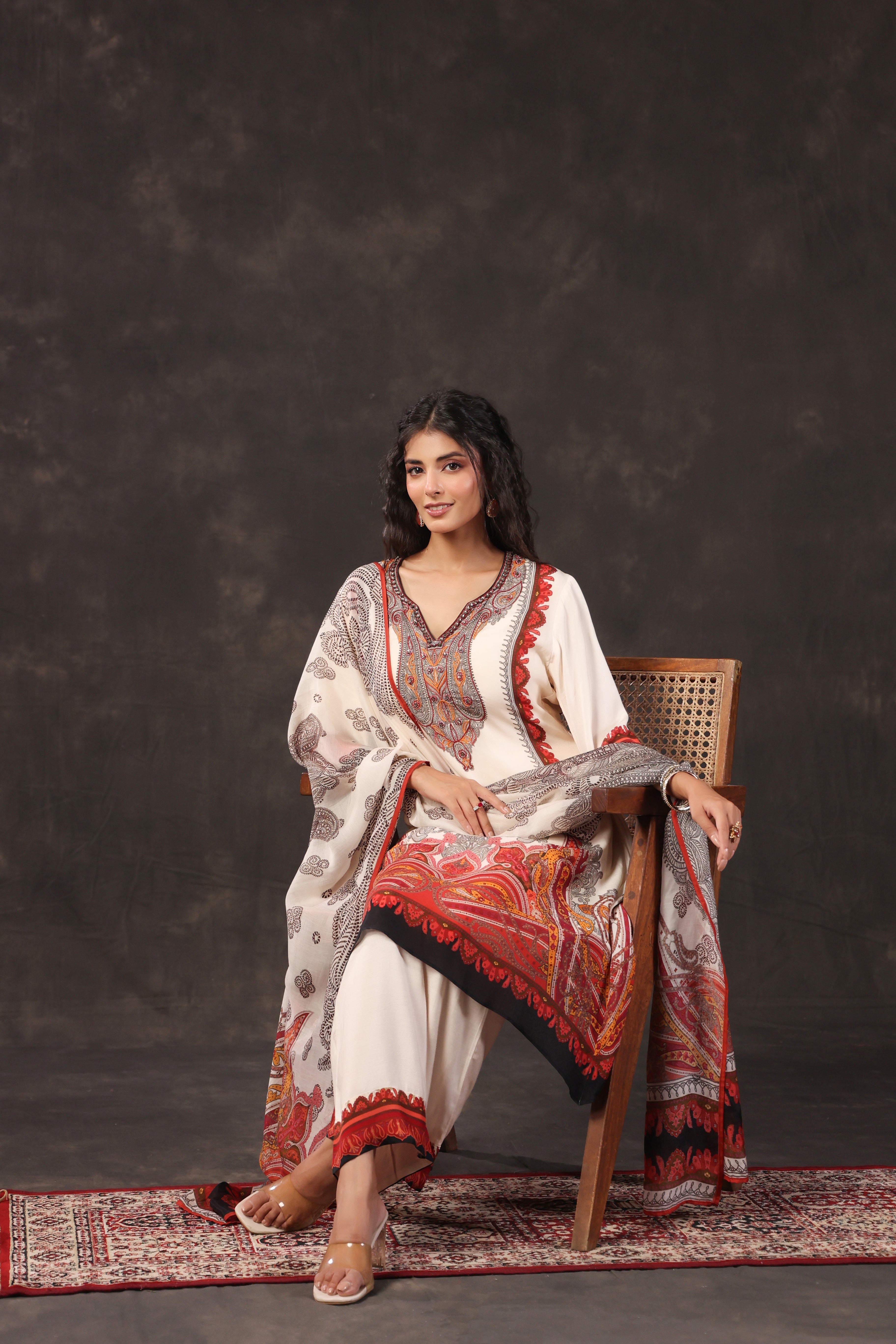 Ivory Cream Printed Crepe Silk Pant Set