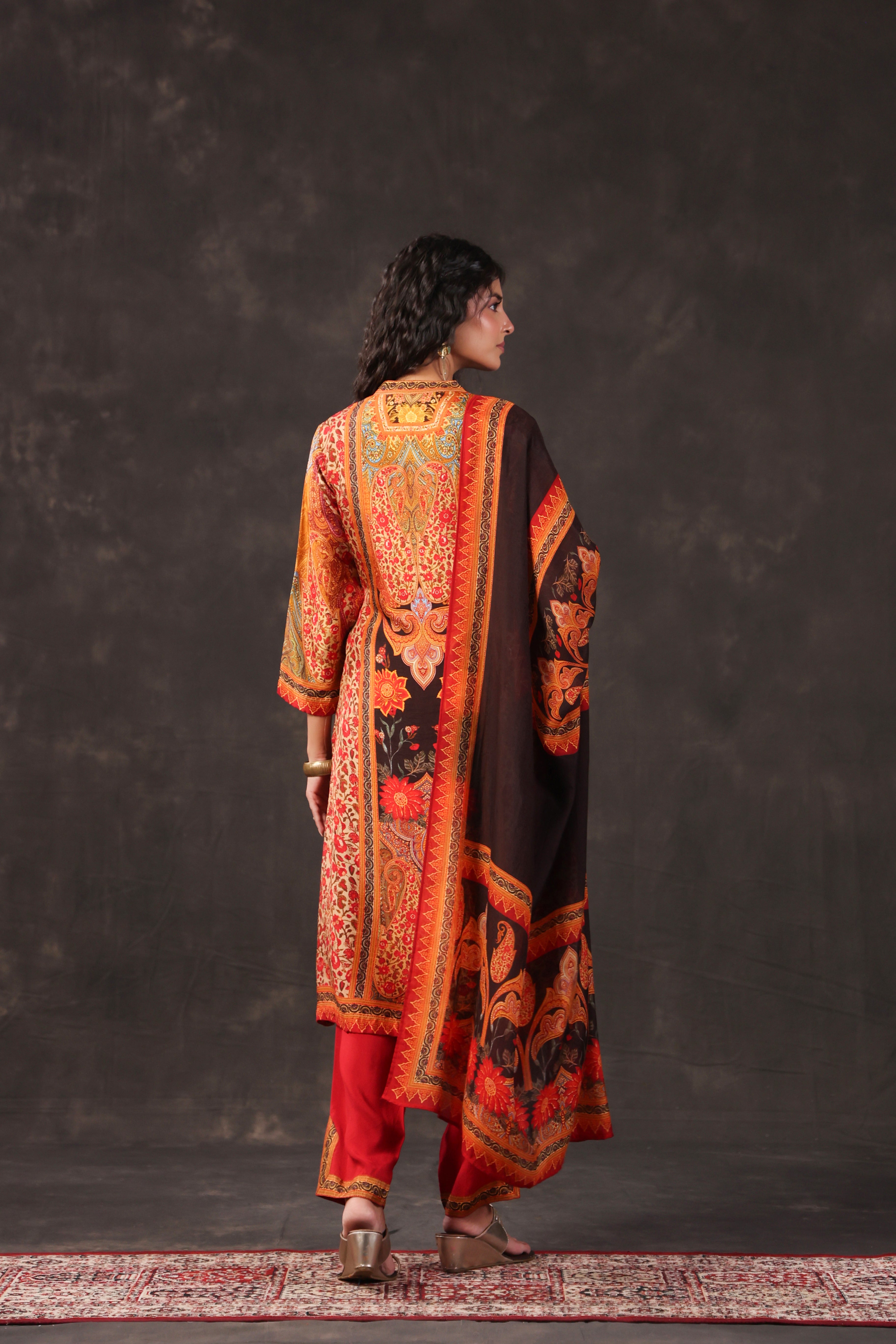 Terracotta Printed Dola Silk Pant Set