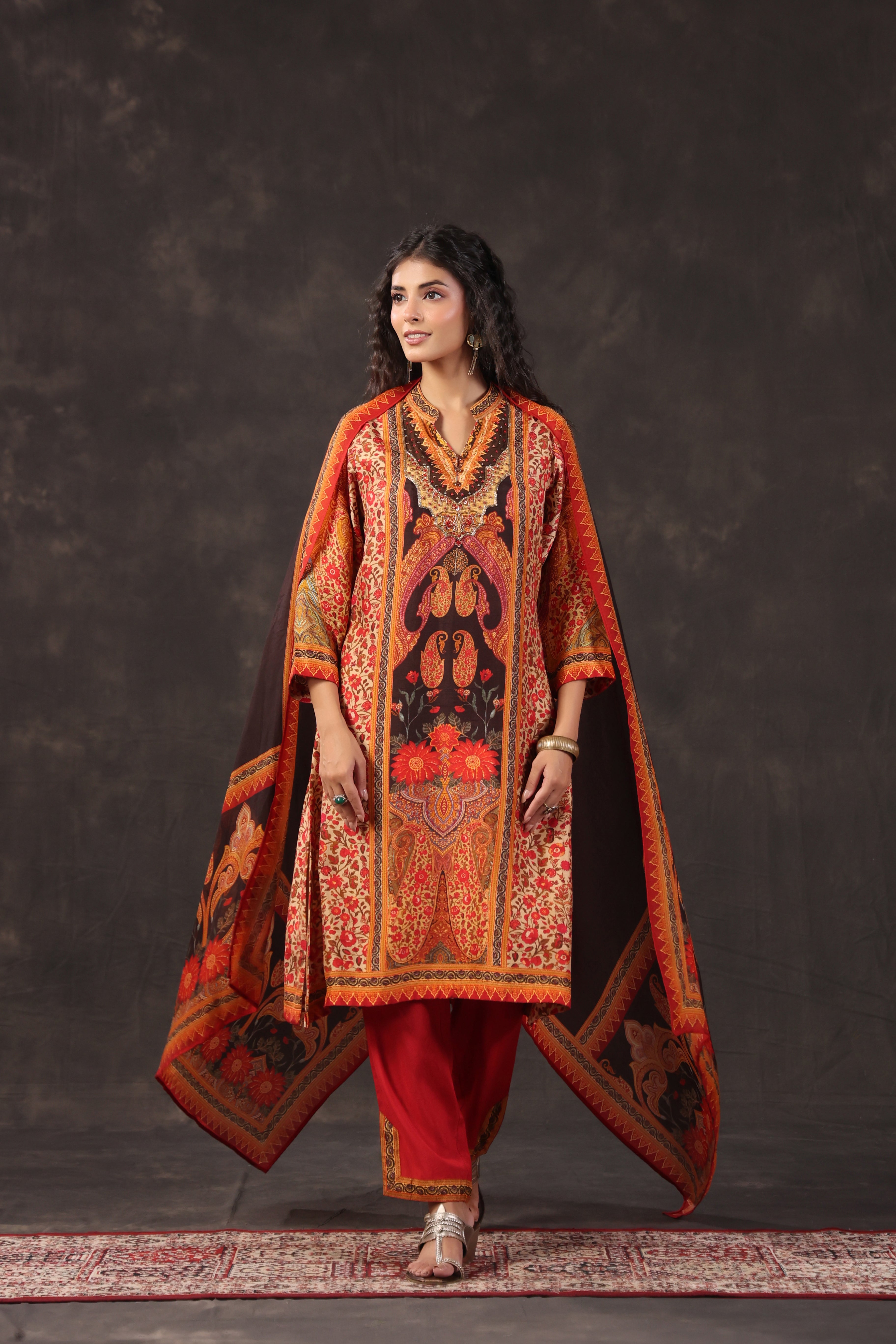 Terracotta Printed Dola Silk Pant Set