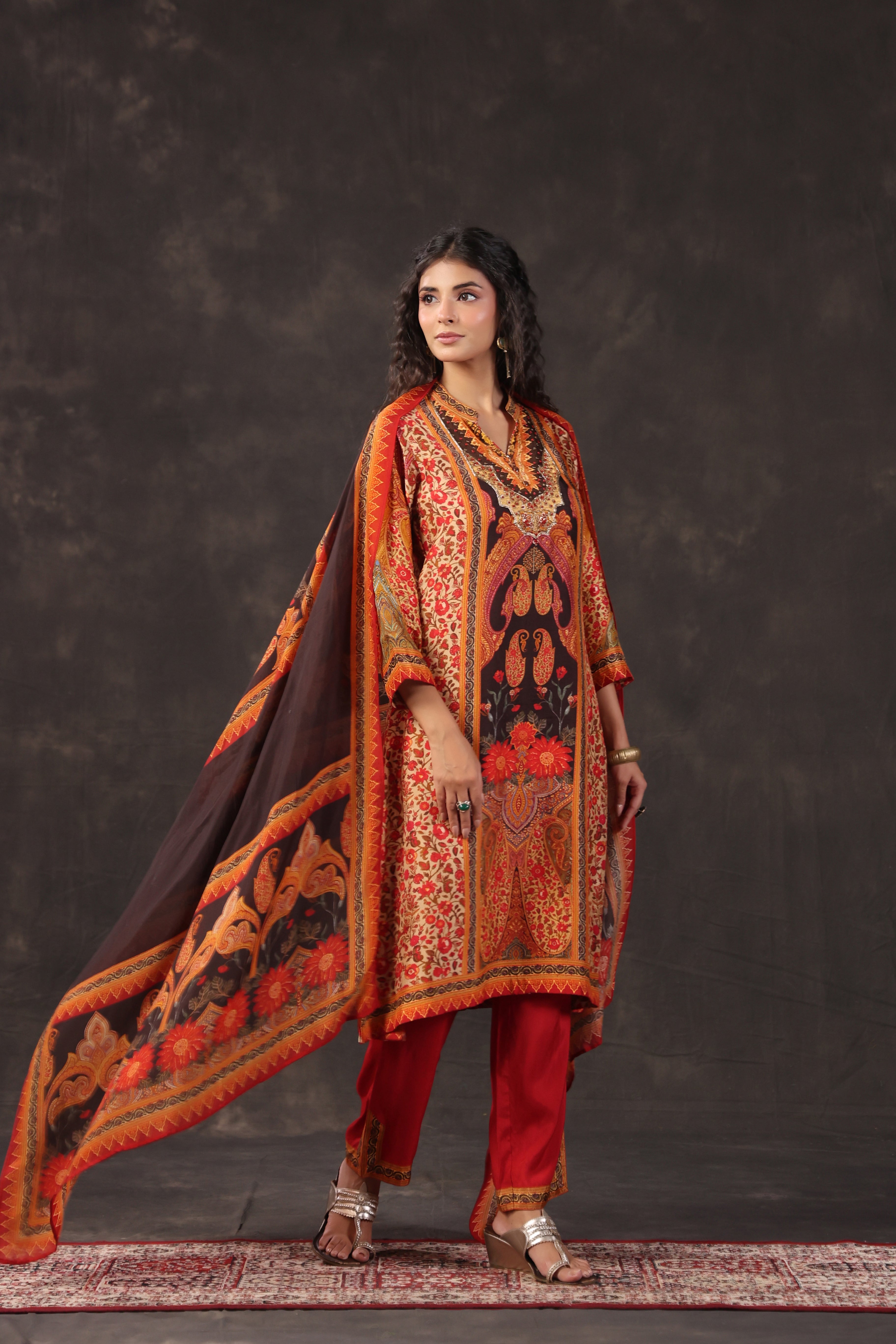 Terracotta Printed Dola Silk Pant Set