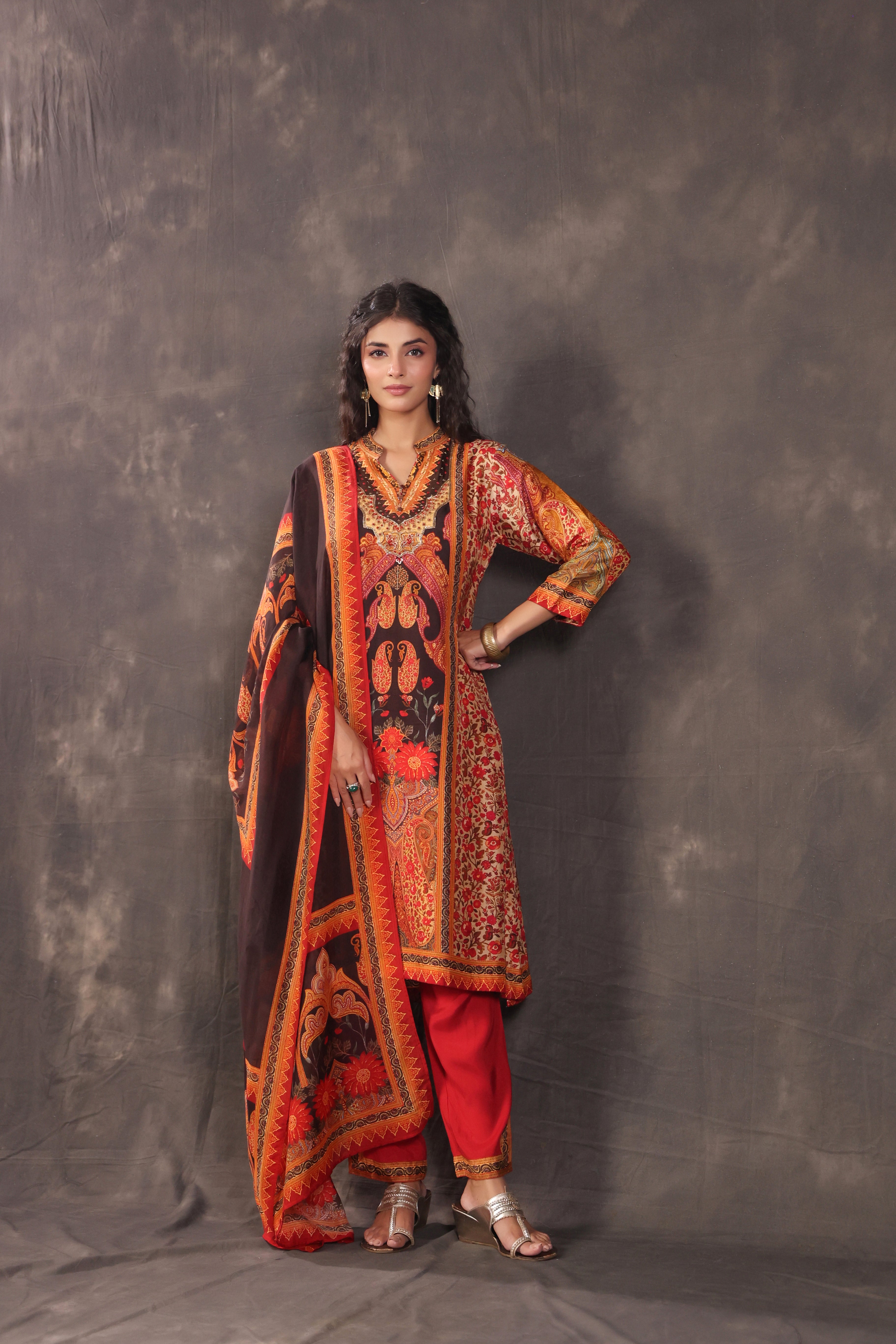 Terracotta Printed Dola Silk Pant Set
