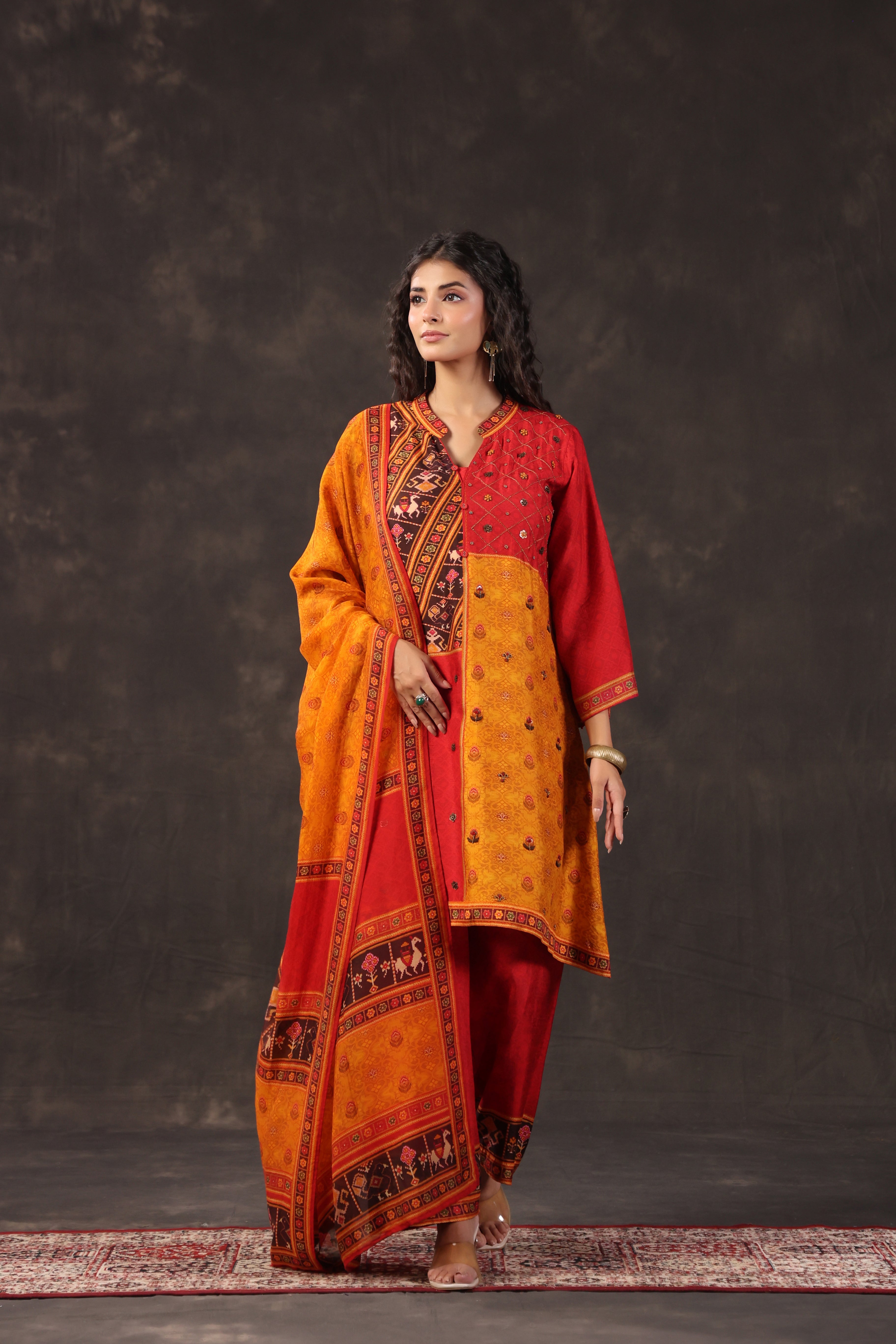 Multicolor Printed Dola Silk Pant Set