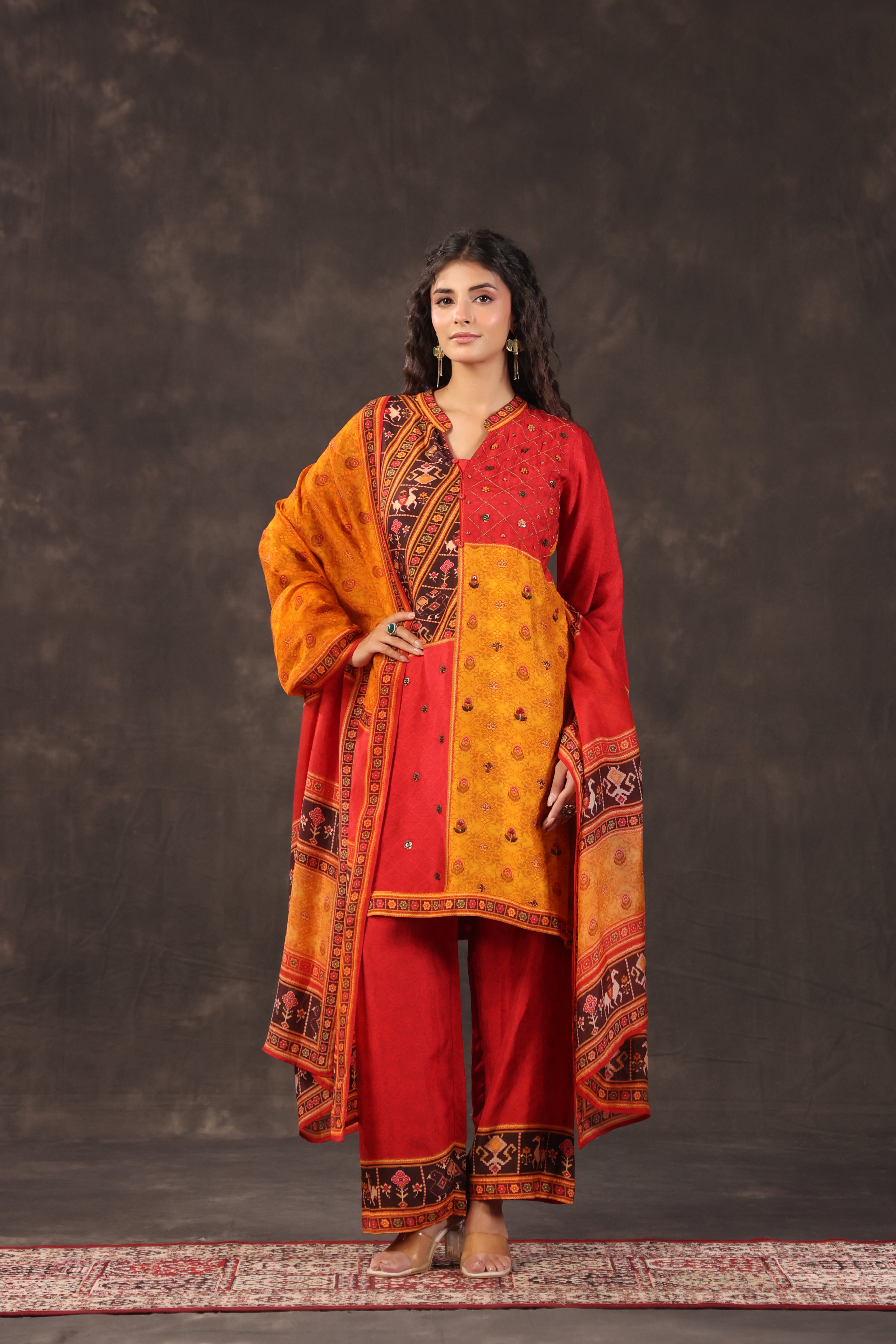 Multicolor Printed Dola Silk Pant Set