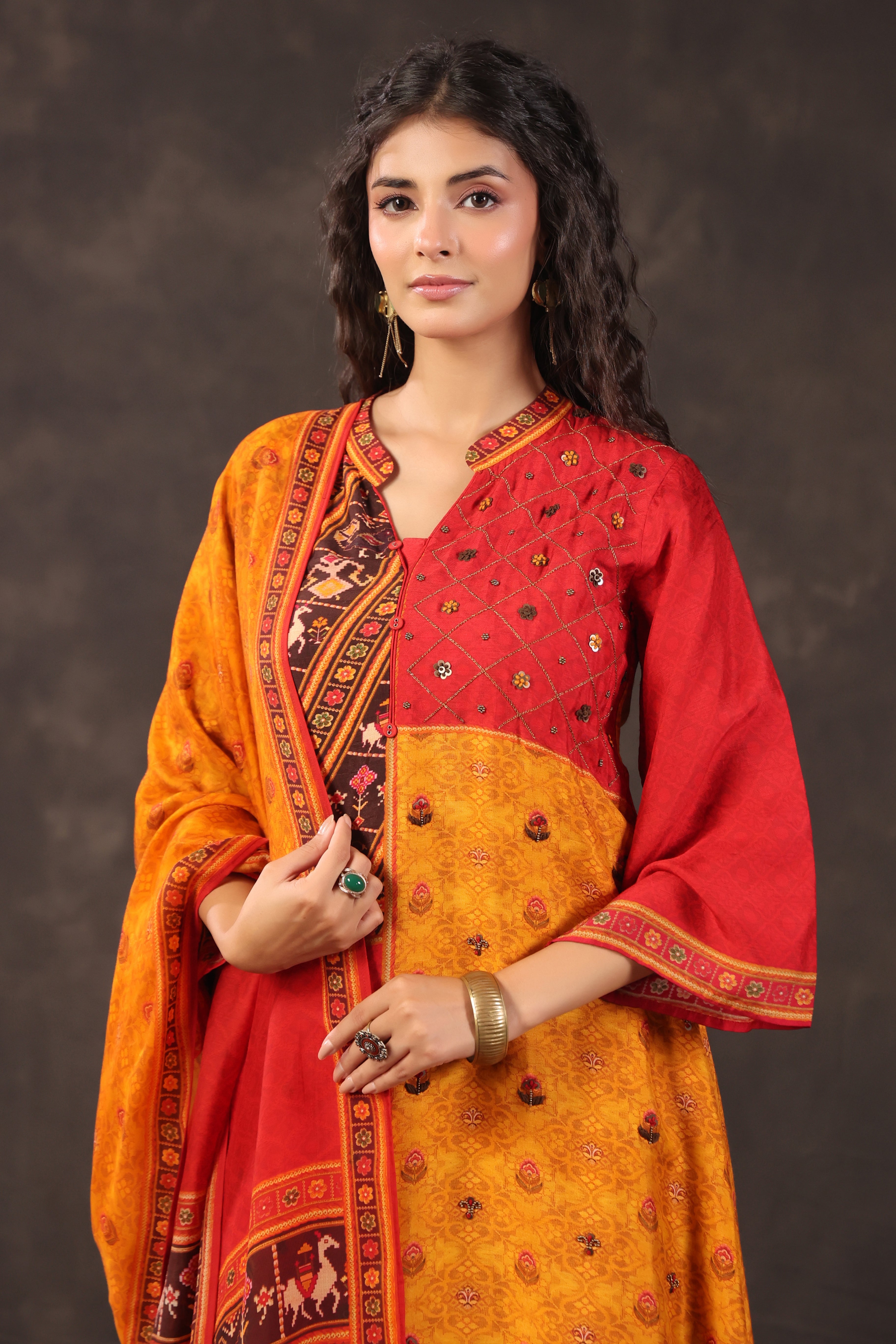 Multicolor Printed Dola Silk Pant Set