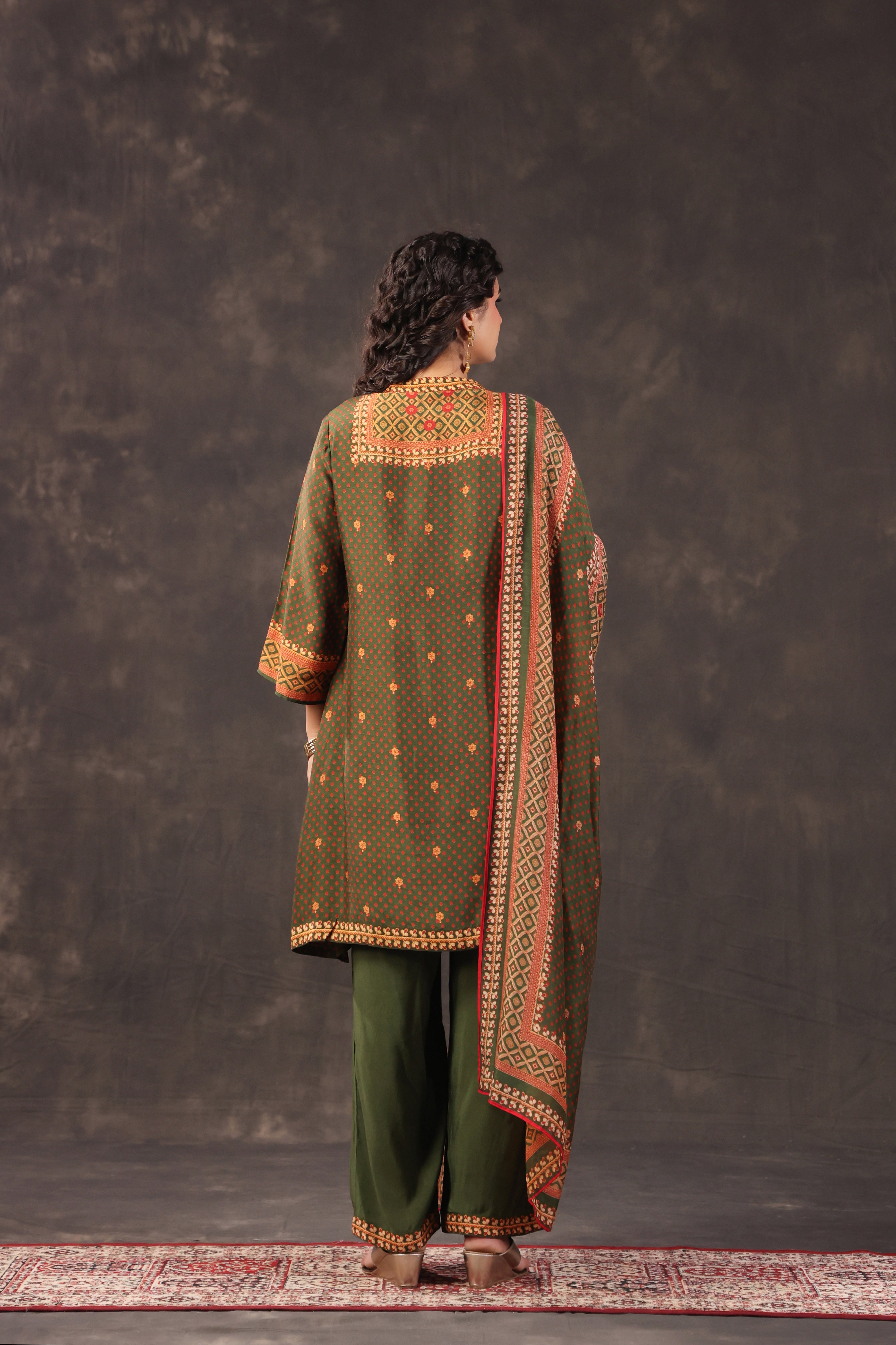 Olive Green Printed Dola Silk Pant Set