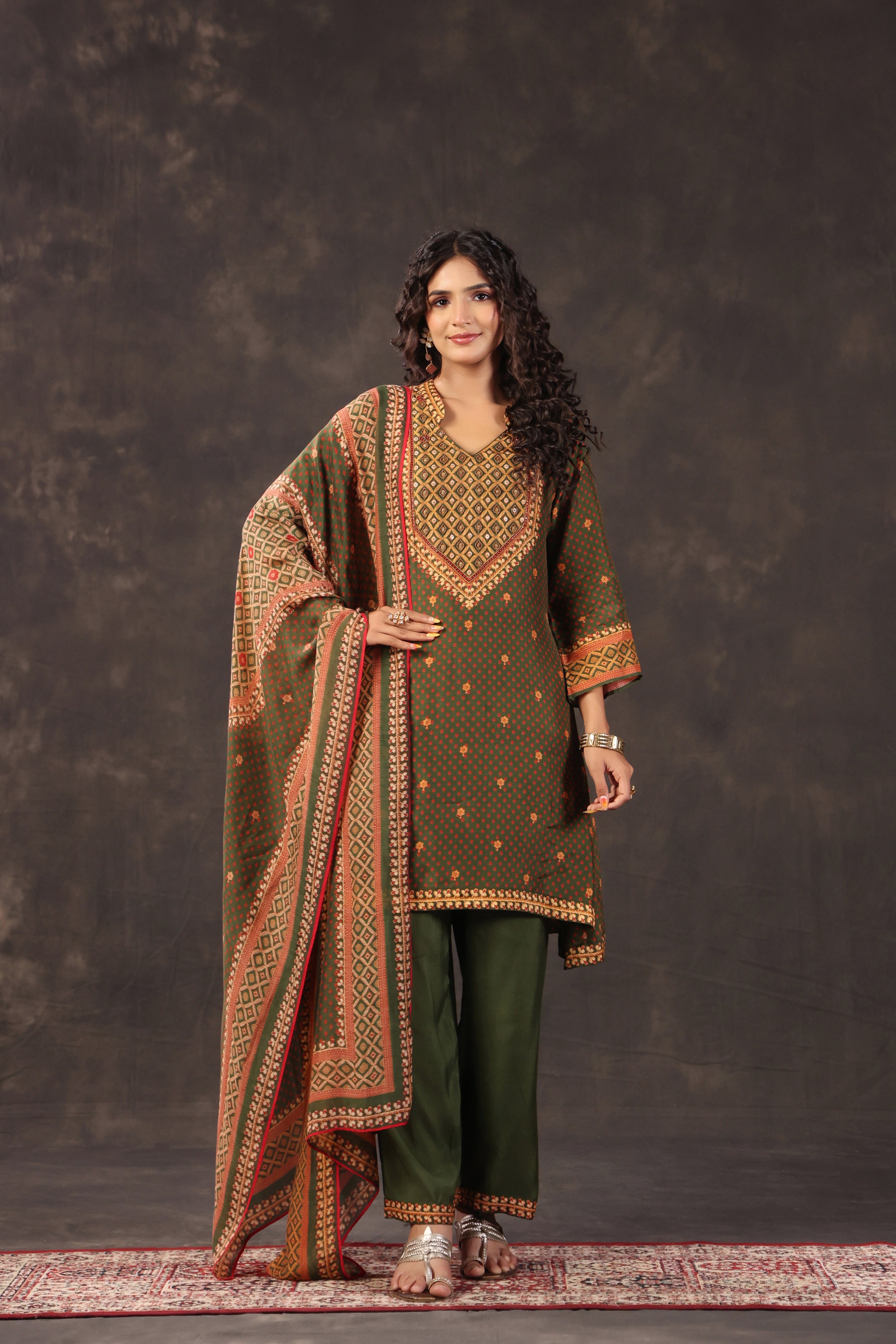 Olive Green Printed Dola Silk Pant Set