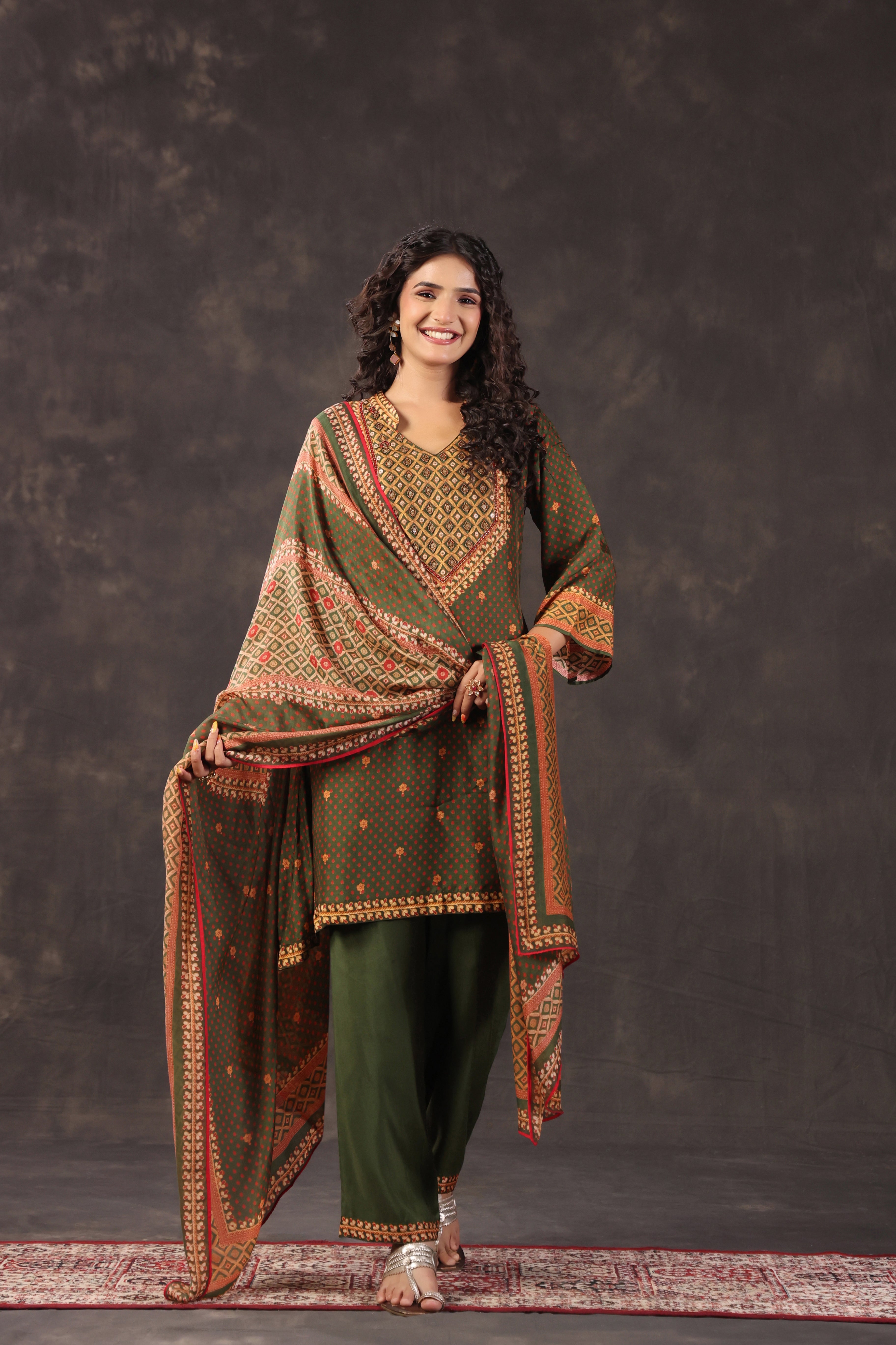 Olive Green Printed Dola Silk Pant Set