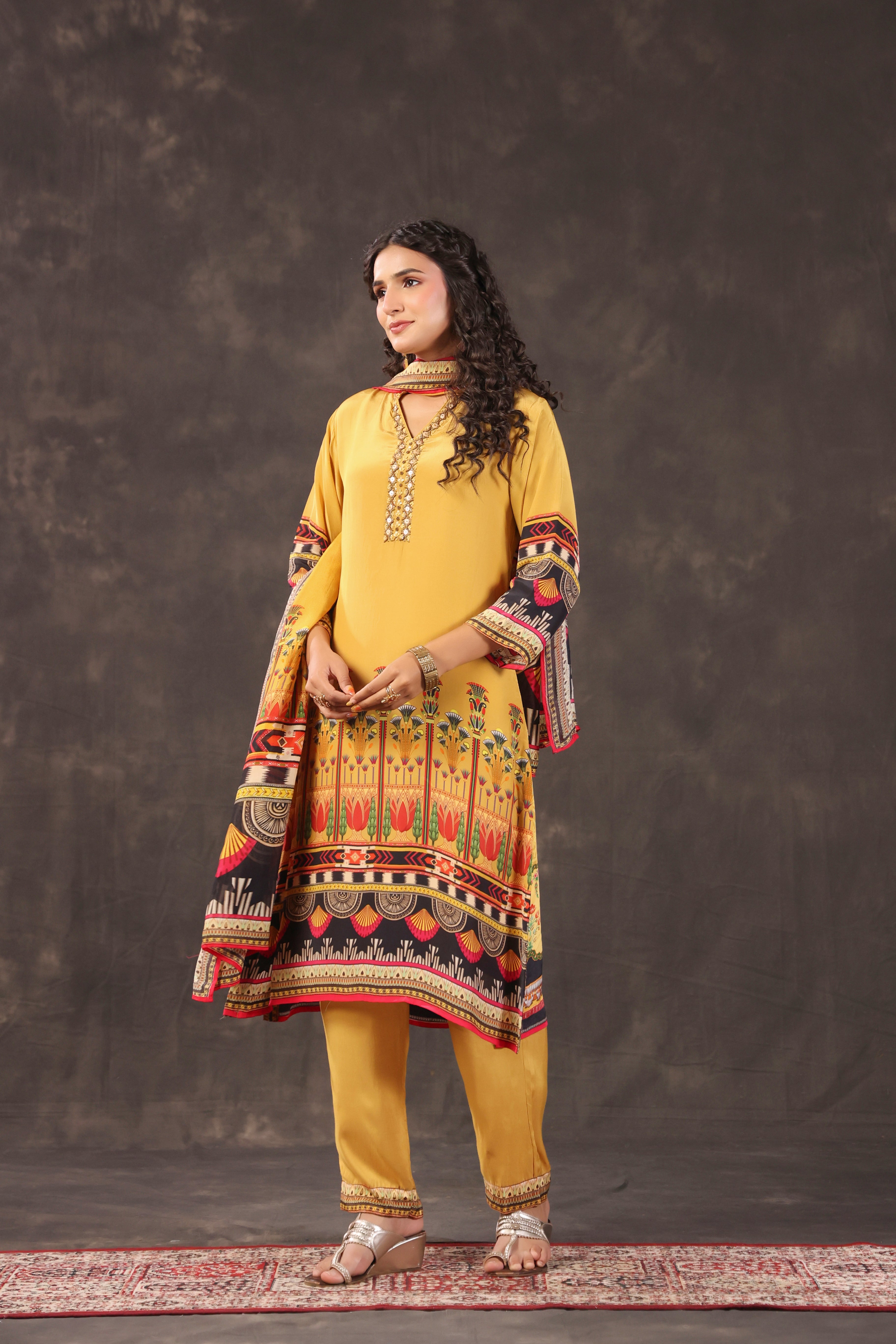 Mustard Yellow Printed Crepe Silk Pant Set