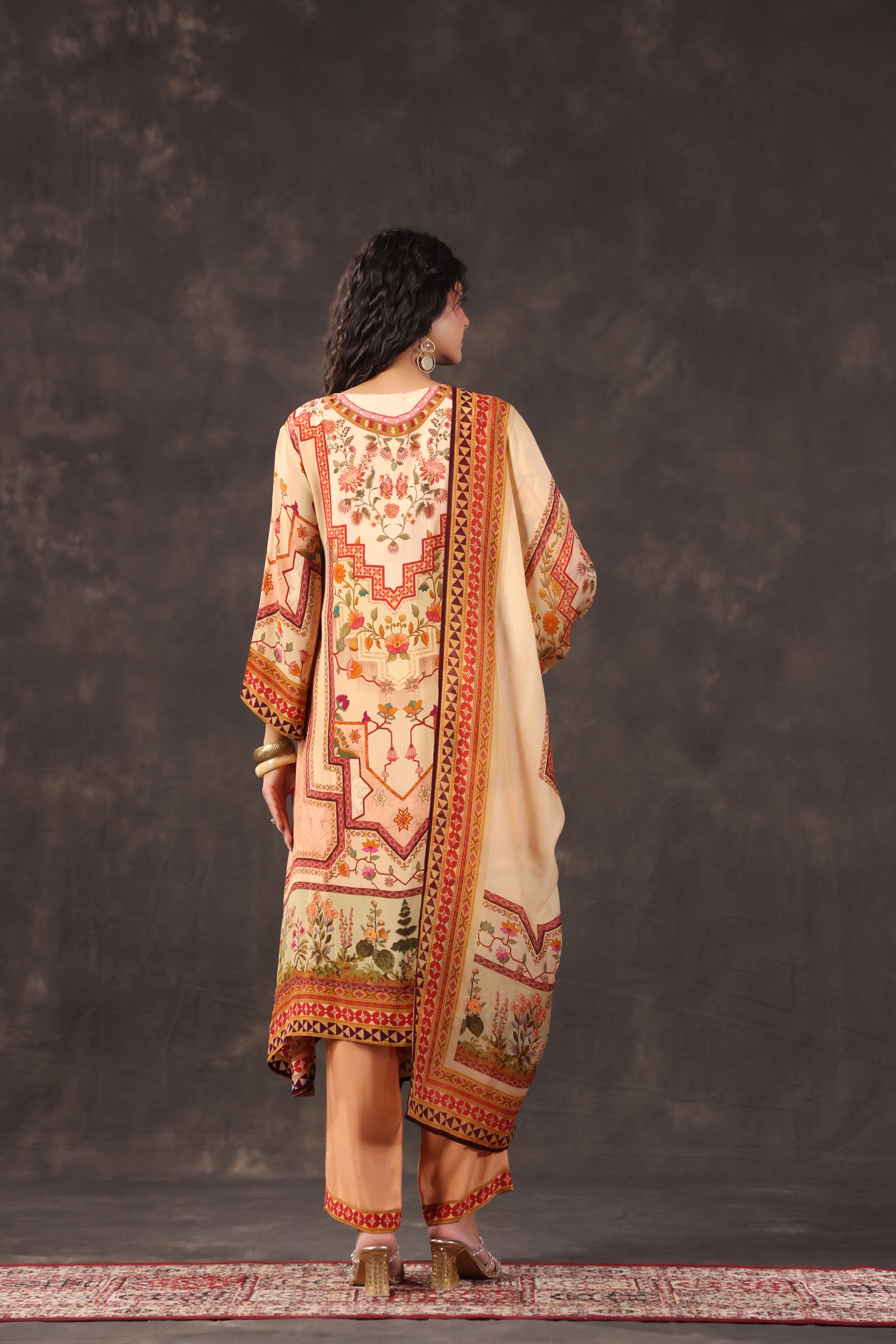 Peach Warm Printed Crepe Silk Pant Set