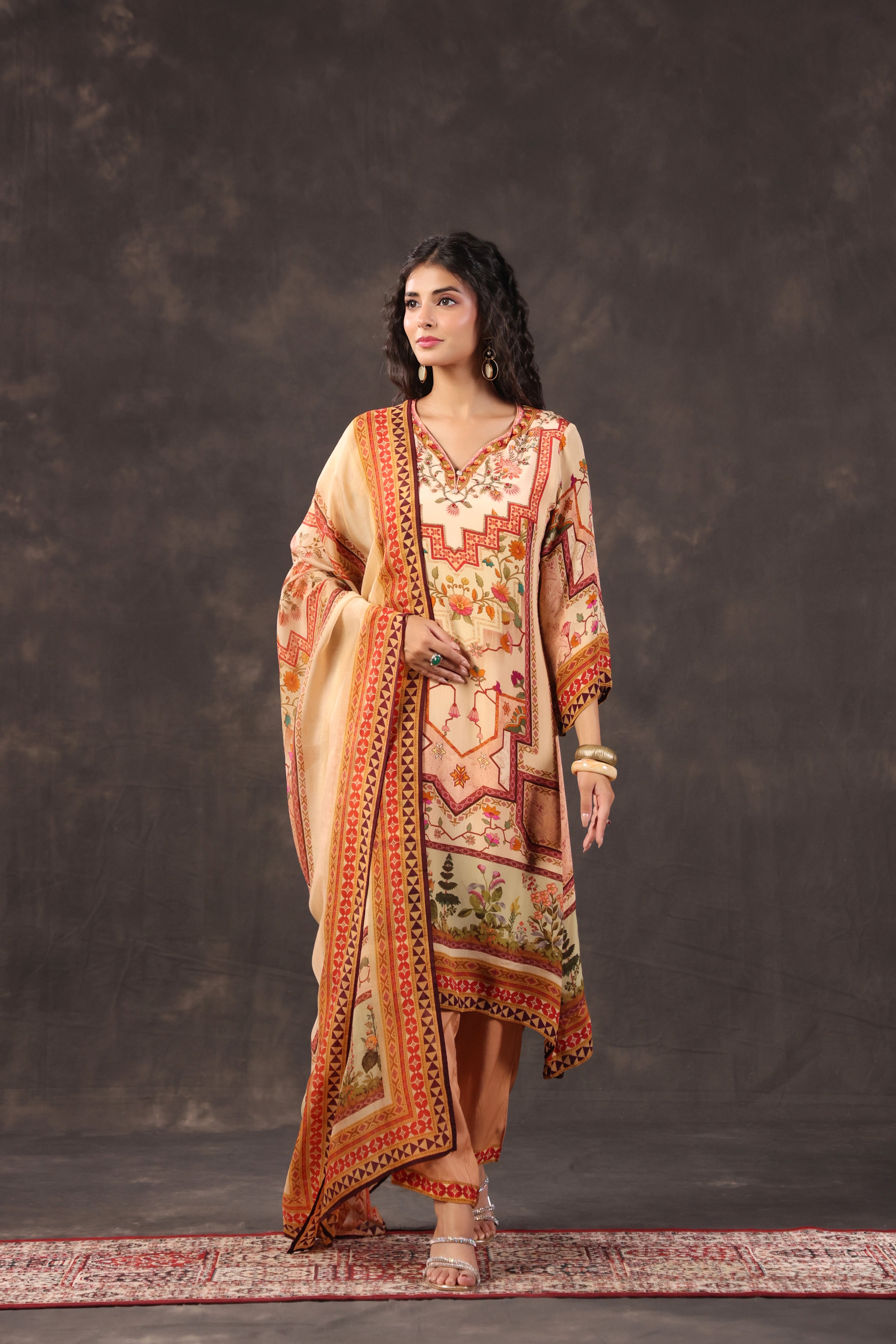 Peach Warm Printed Crepe Silk Pant Set