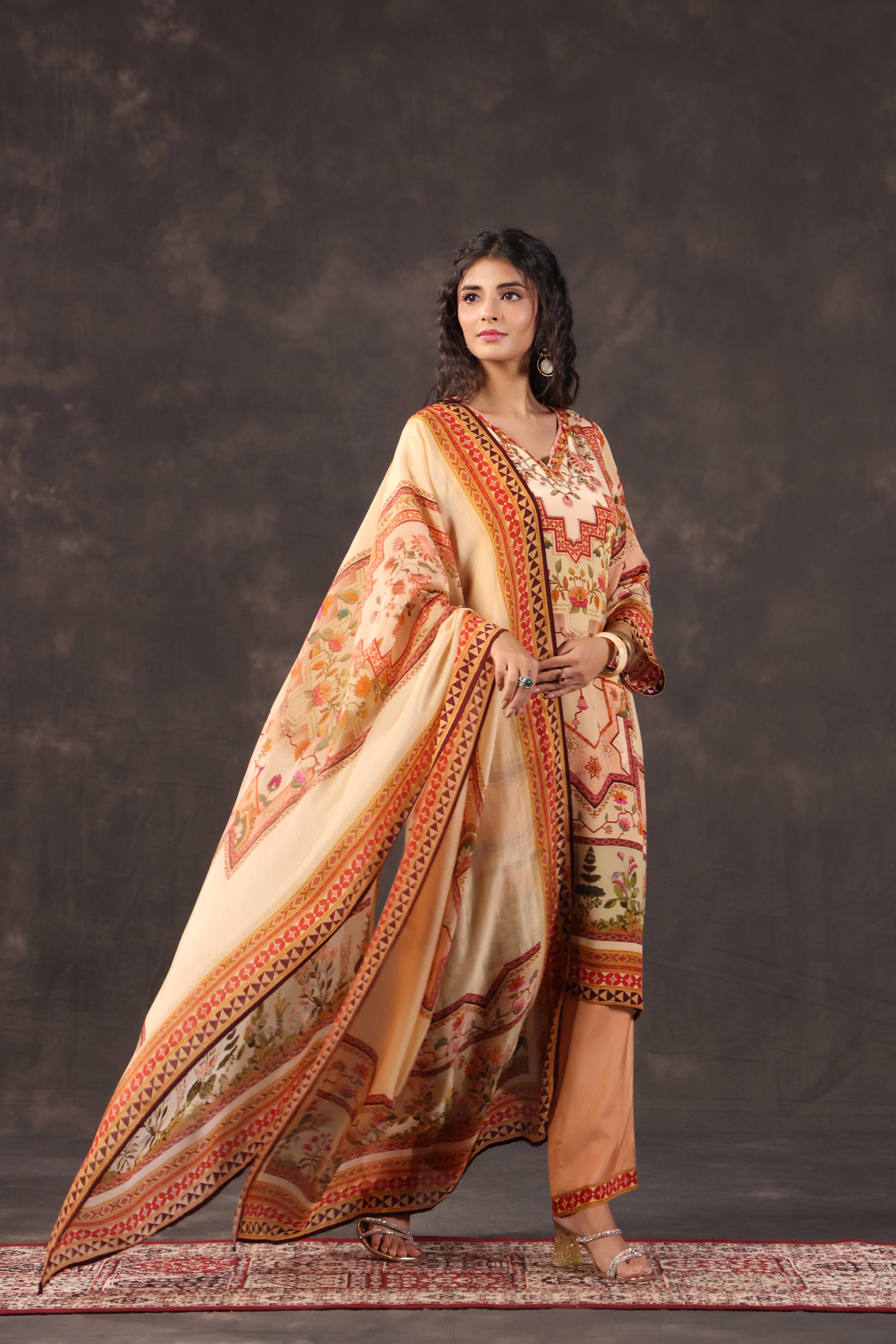 Peach Warm Printed Crepe Silk Pant Set
