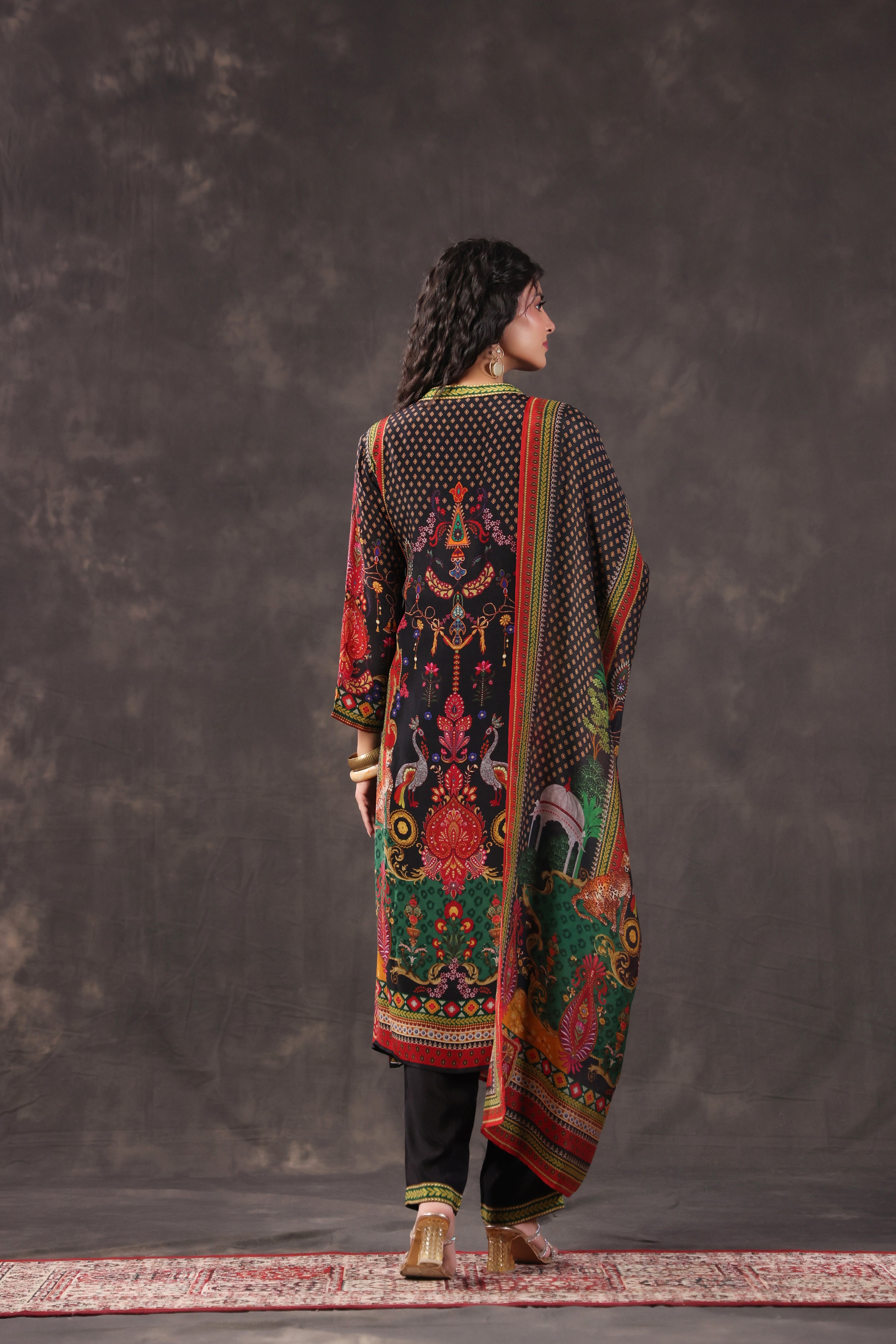 Midnight Black Printed Crepe Silk Pant Set
